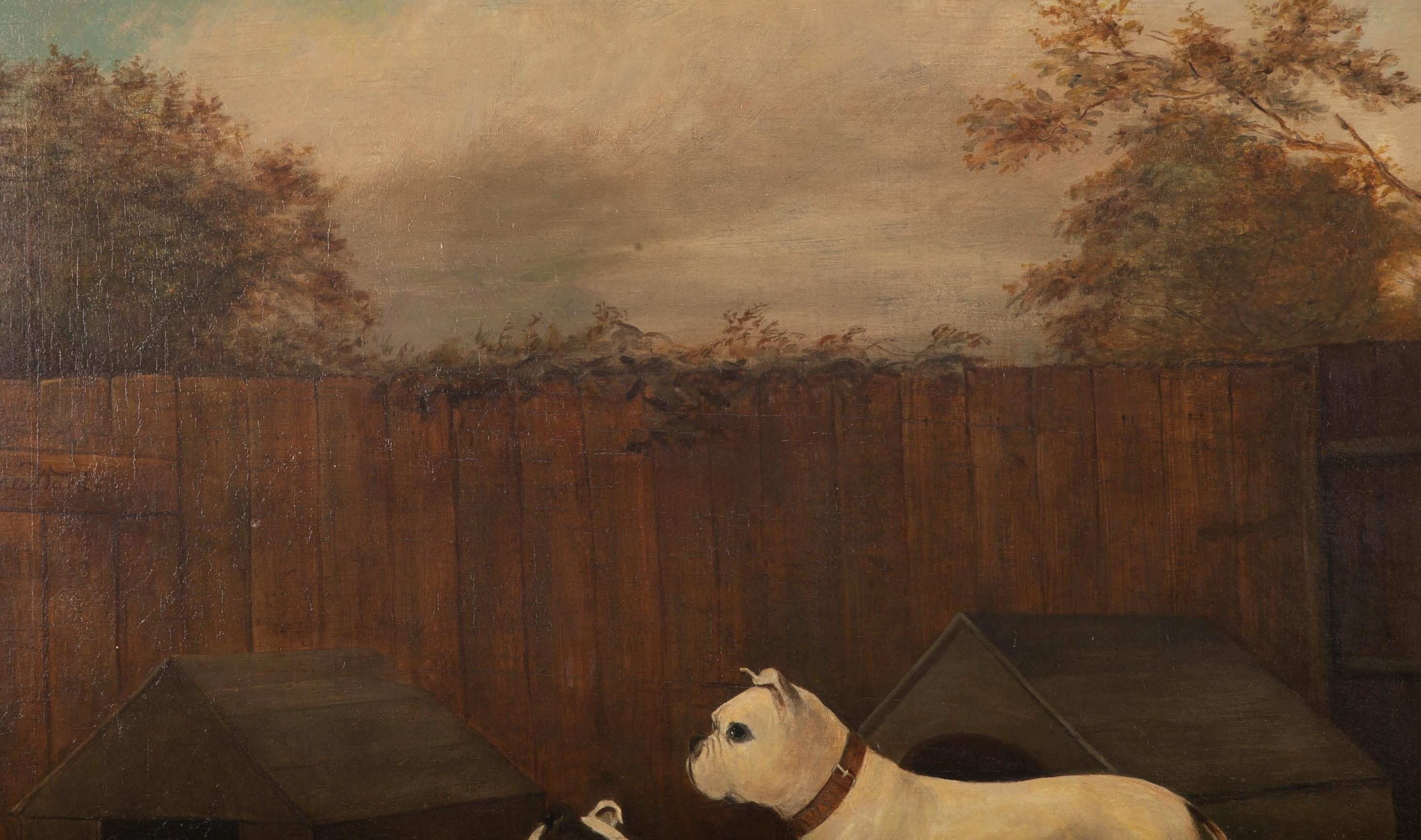 Anglais Peinture à l'huile du début du 19e siècle représentant trois chiens, faussement réalisée par A James Ward en vente