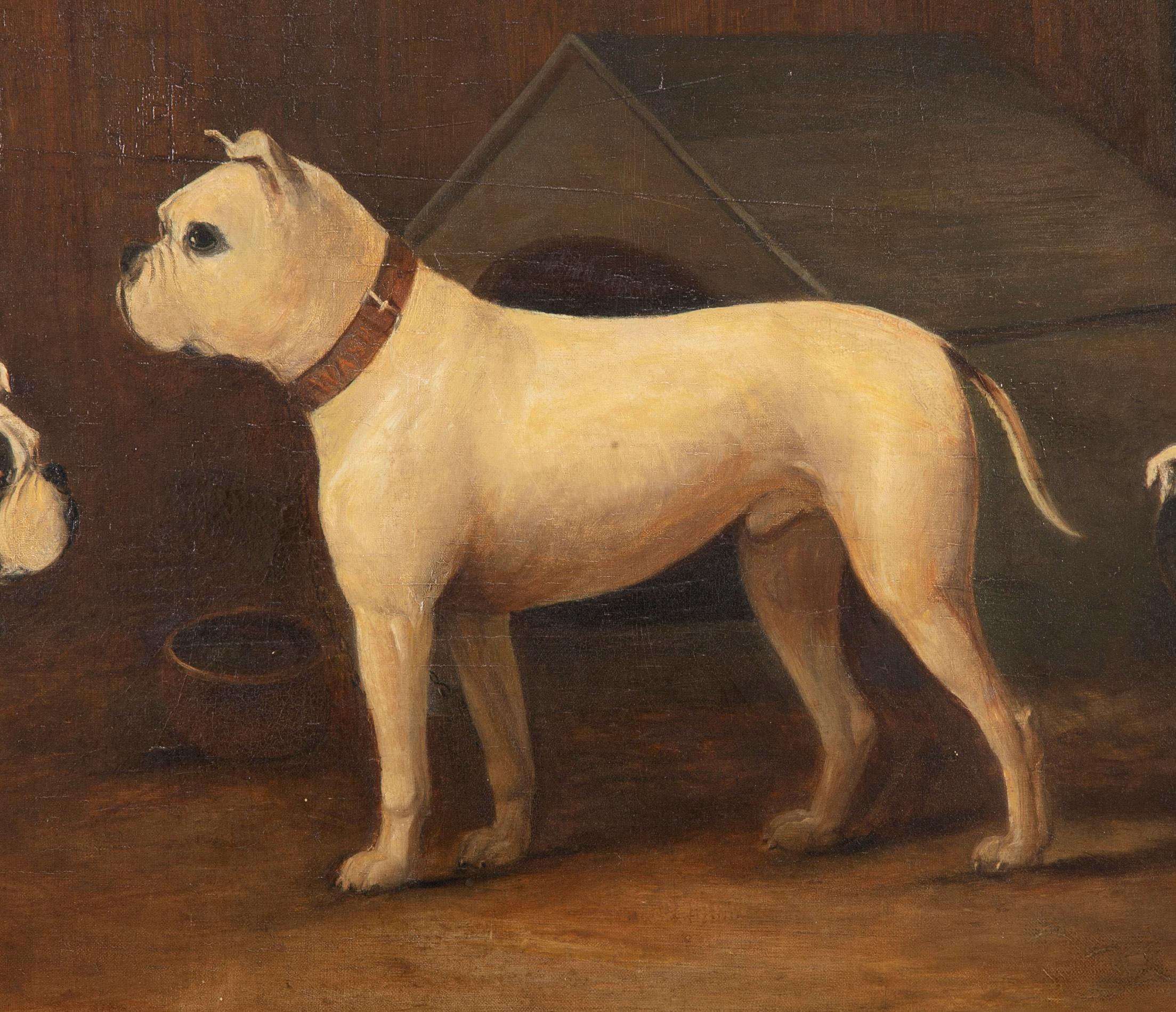 Toile Peinture à l'huile du début du 19e siècle représentant trois chiens, faussement réalisée par A James Ward en vente