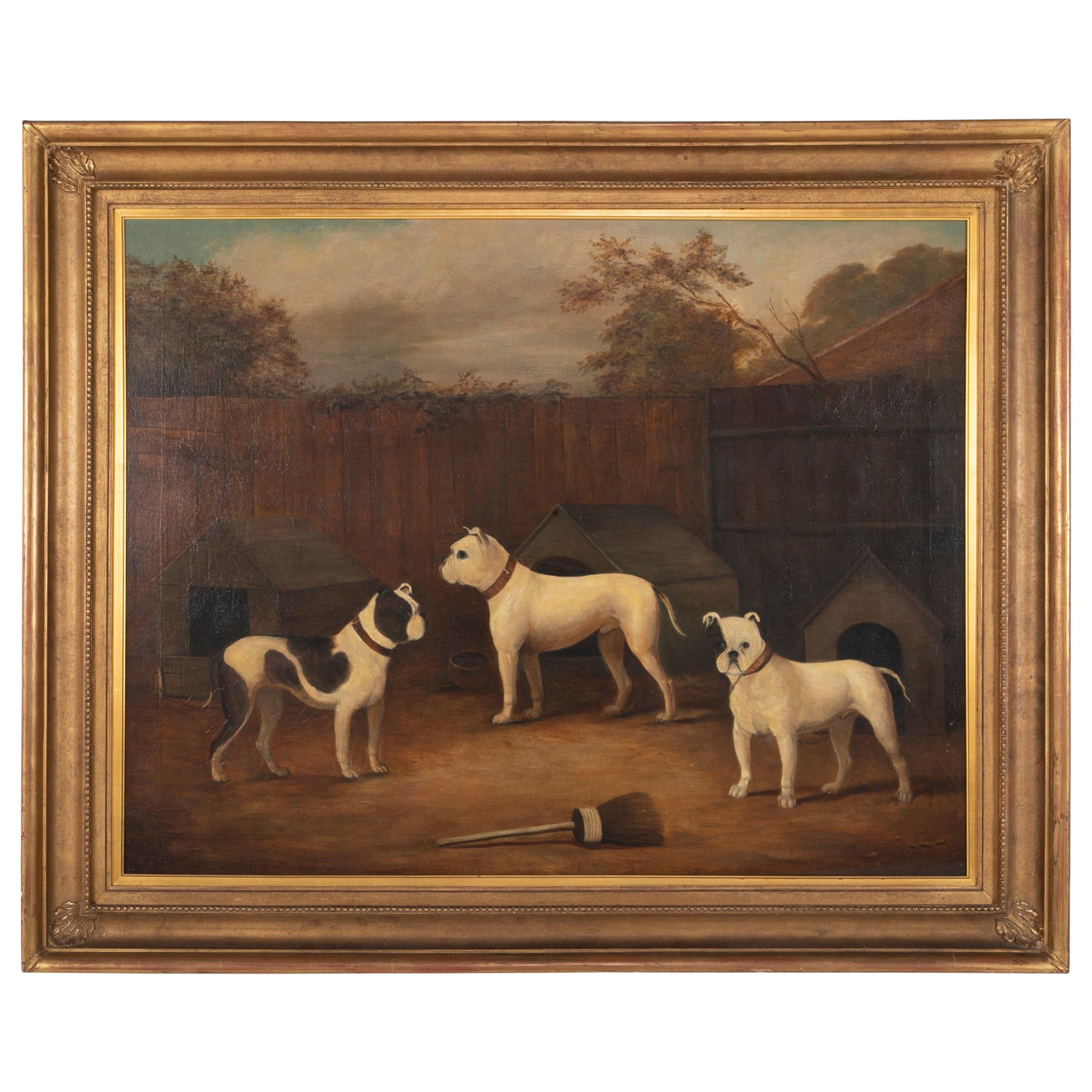 Peinture à l'huile du début du 19e siècle représentant trois chiens, faussement réalisée par A James Ward