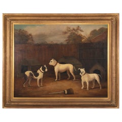 Peinture à l'huile du début du 19e siècle représentant trois chiens, faussement réalisée par A James Ward