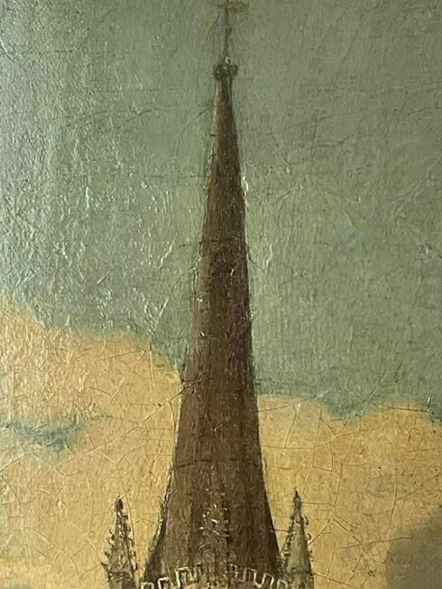 Canvas Early 19th Century Panting of Wakefield Cathedral, Yorkshire  —John Cawthorn For Sale
