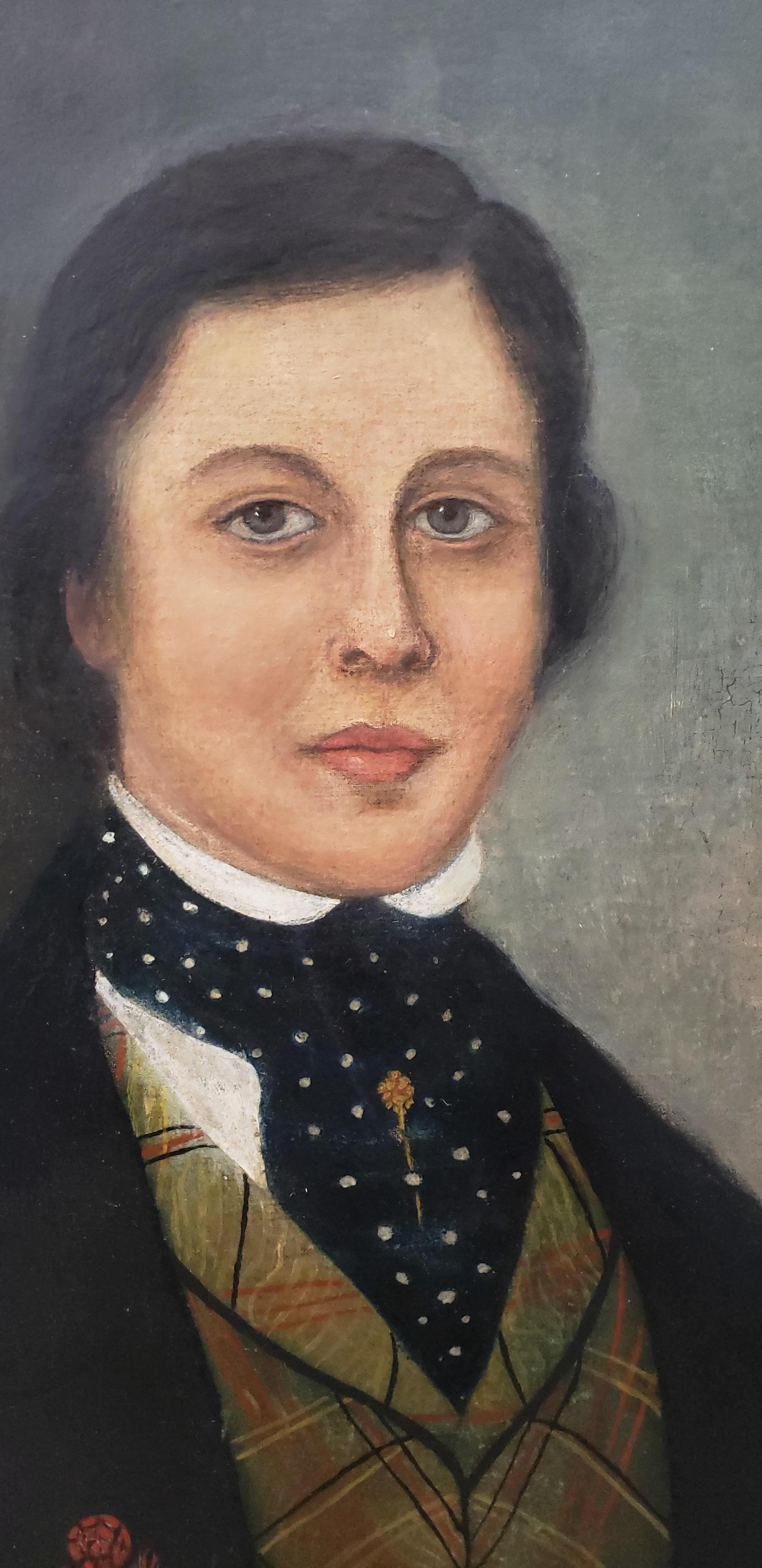 Early 19th century oil portrait of a handsome young man

An original painting of a young man wearing his best suit of clothes.

Original oil on canvas. No signature. Dimensions 23