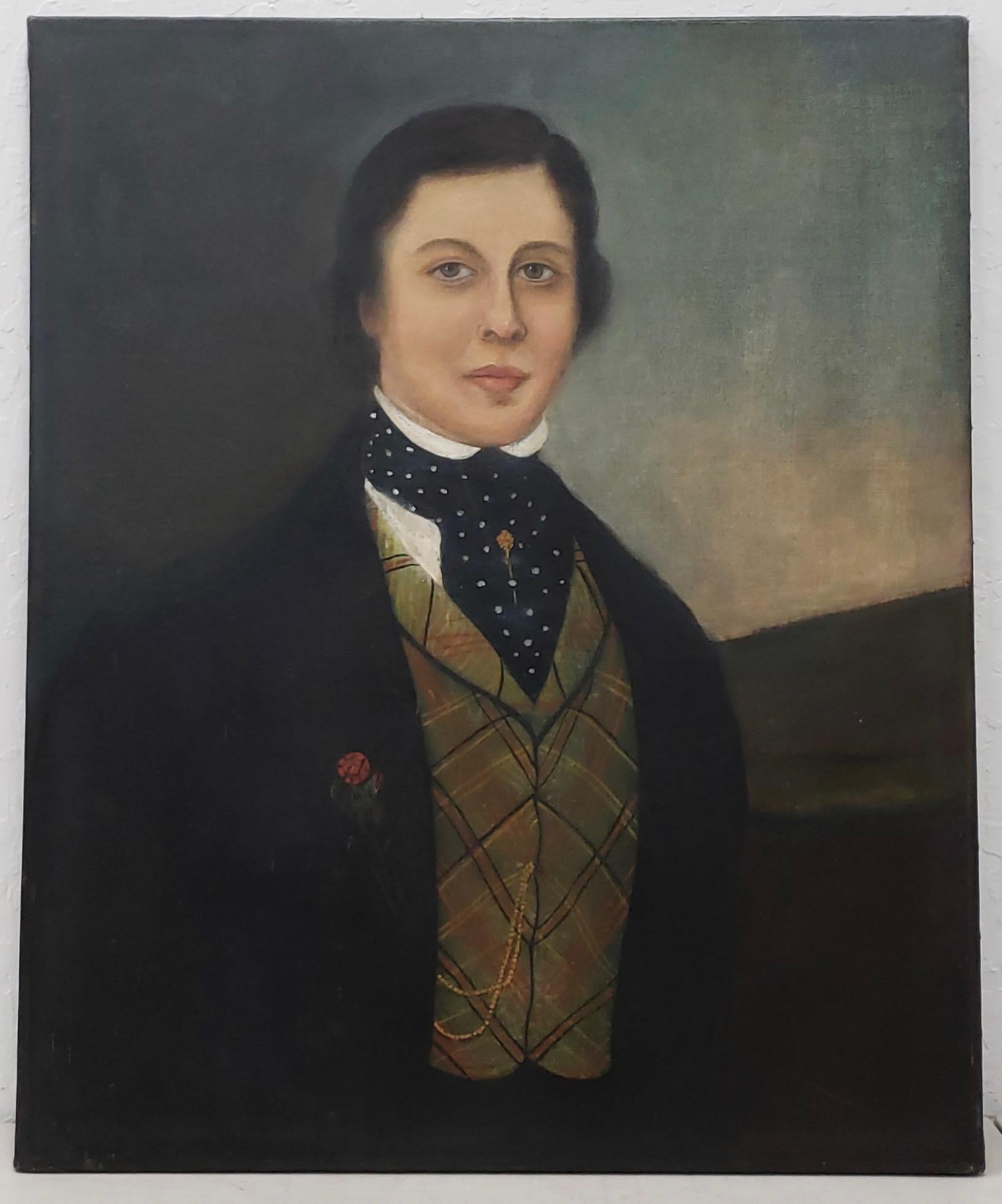 Peint à la main Portrait à l'huile d'un beau jeune homme au début du 19e siècle en vente
