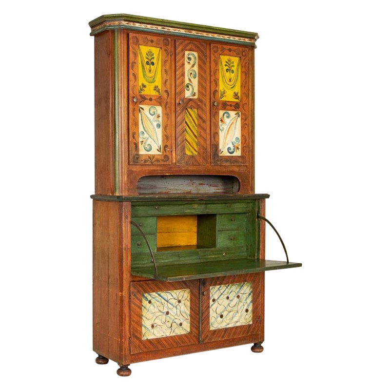 Early 19th Century Original Folk Art Painted Tall Cabinet Secretary