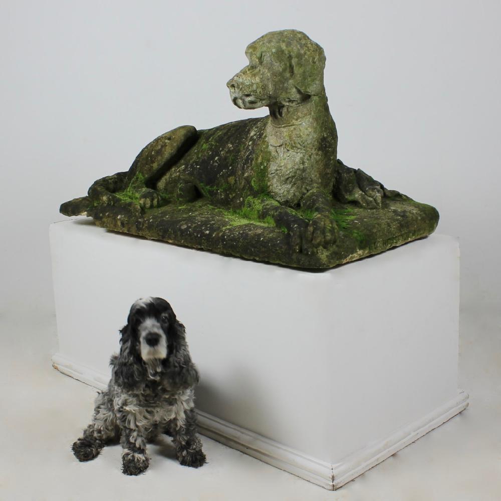 A truly wonderful, early to mid-19th century, over life-size carved stone hound. In very good condition and beautifully weathered, signed M Hessey S C. Originating from a Yorkshire Country House.

English Yorkshire, circa 1840.