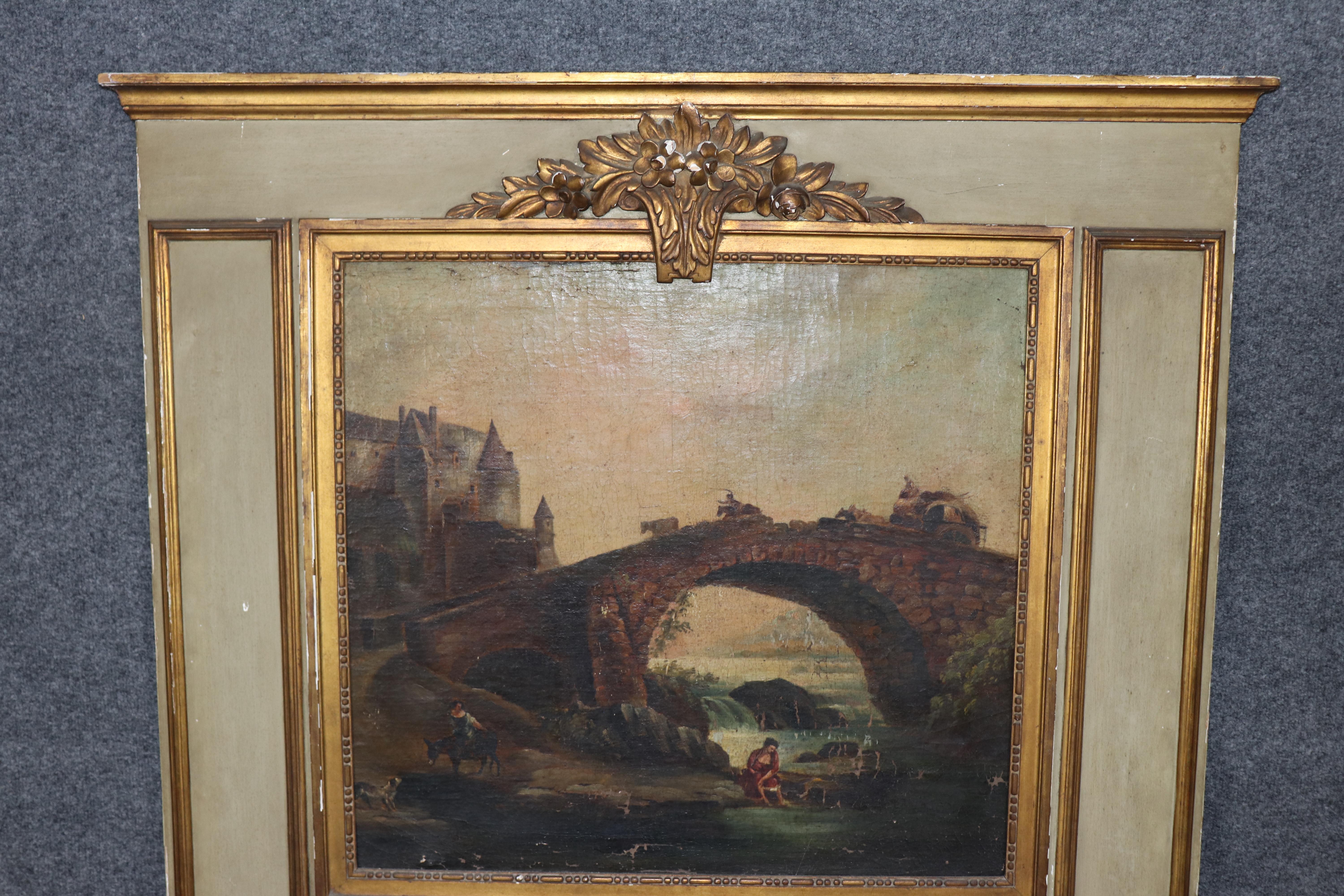 Early 19th century Painted and Gilded  French Trumeau Mirror with Oil Painting For Sale 13