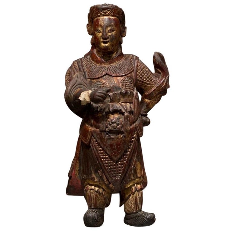 Early 19th Century Painted and Gilded Wooden Sculpture Buddhist Deity Wei-To For Sale