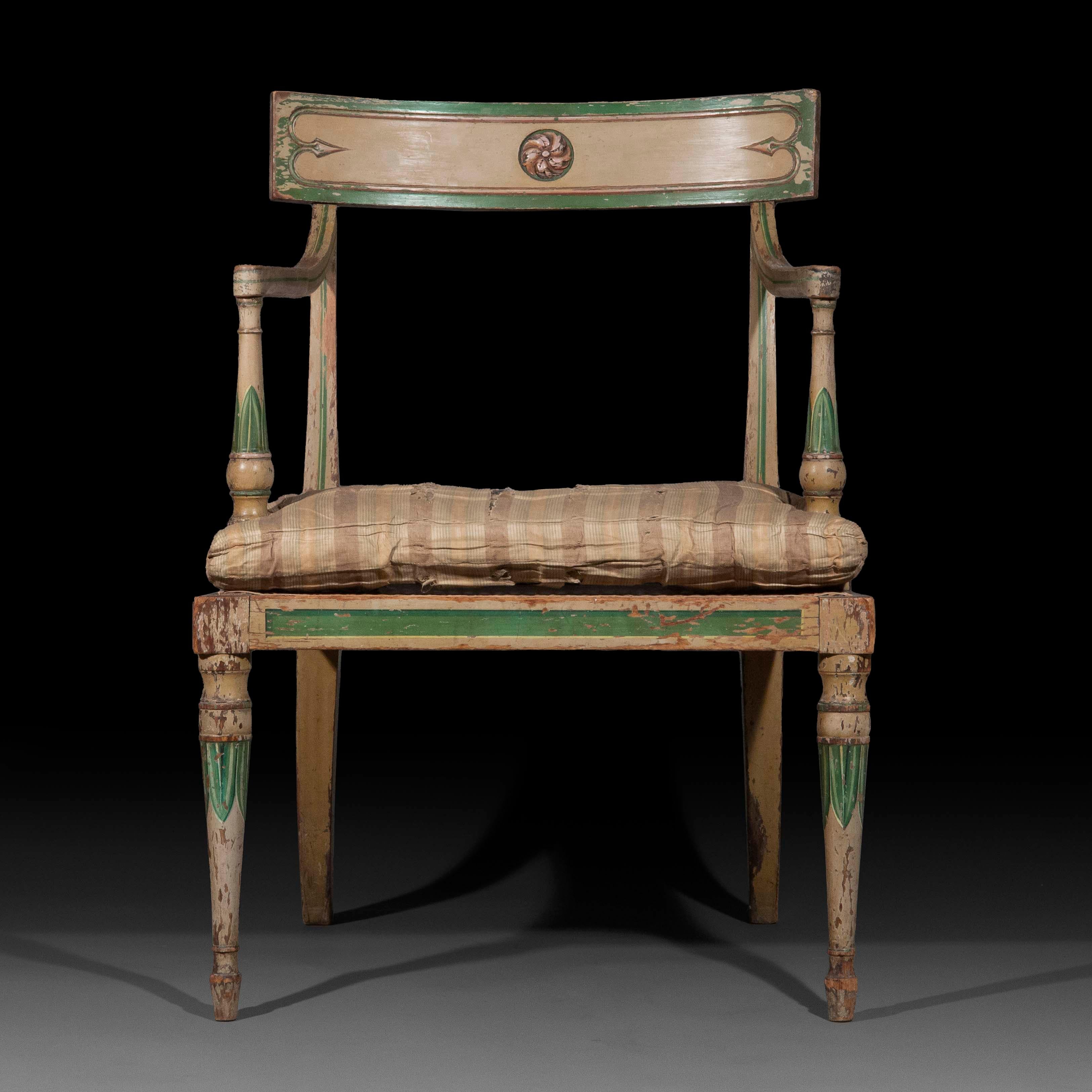 Raro sillón pintado del siglo XIX atribuido a Gillows Regencia en venta