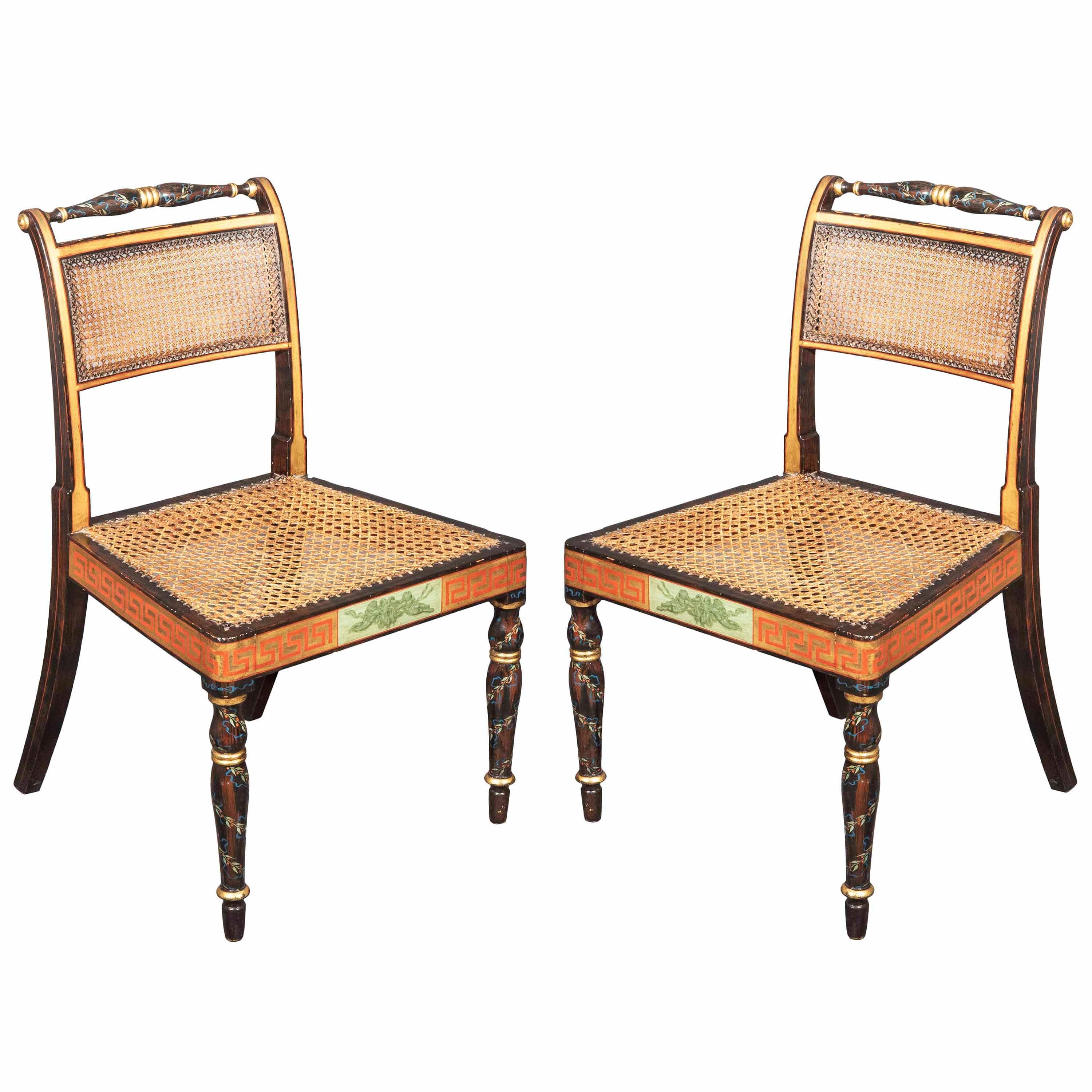 Early 19th Century Pair of Regency Black Painted Caned Chairs, 3 Pairs Available For Sale 2