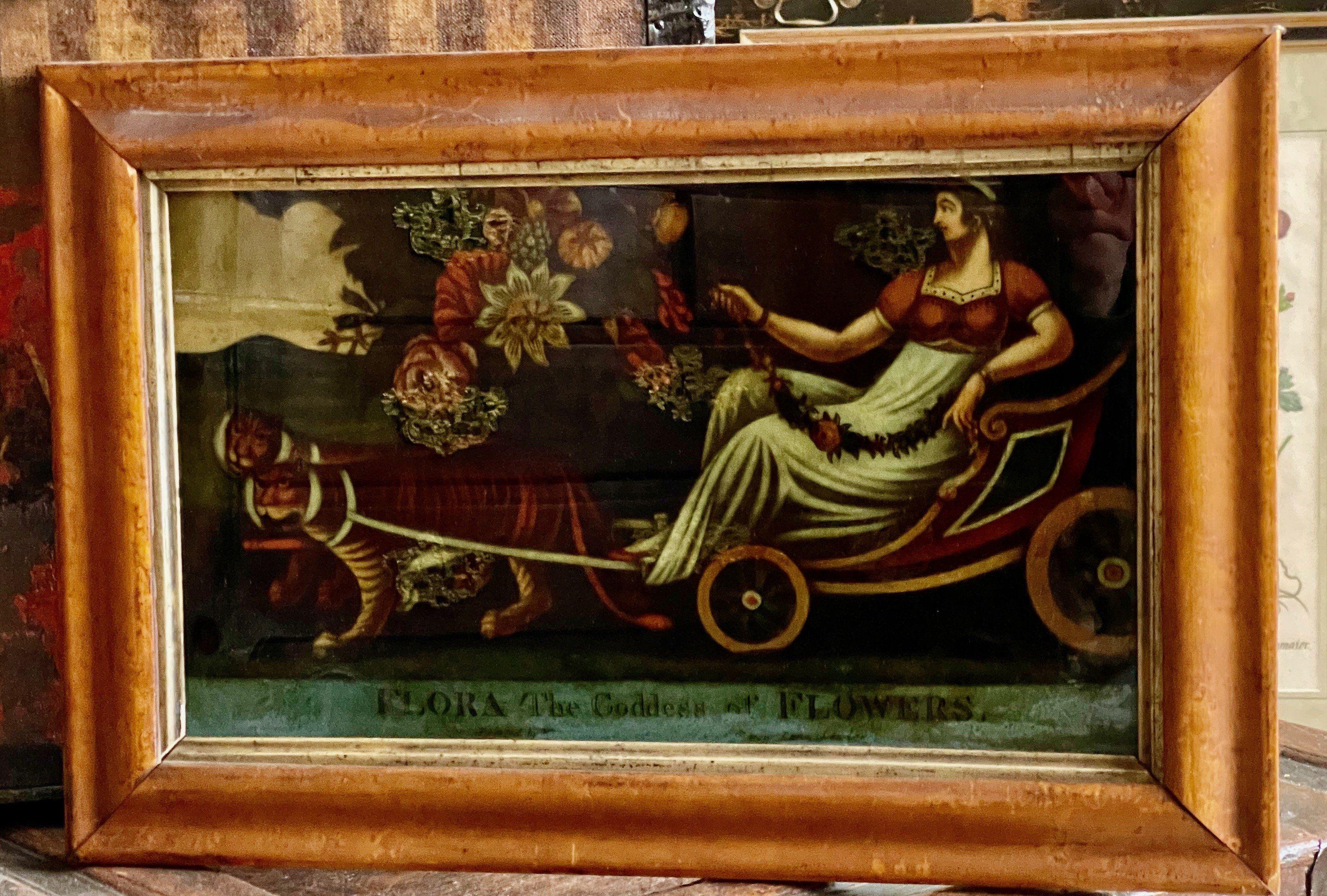 Early 19th Century Painted Glass Transfer Flora the Goddess of Flowers In Good Condition In Doylestown, PA