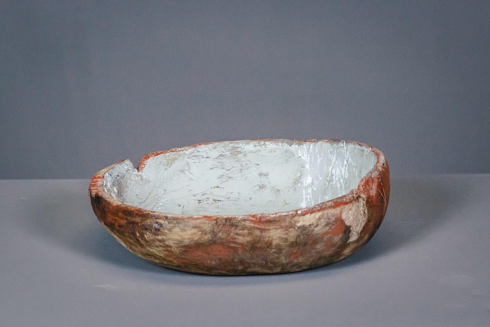Painted root or knot bowl, original exterior paint, with later paint to the interior, used most recently in an artist studio, wonderful textured surface.