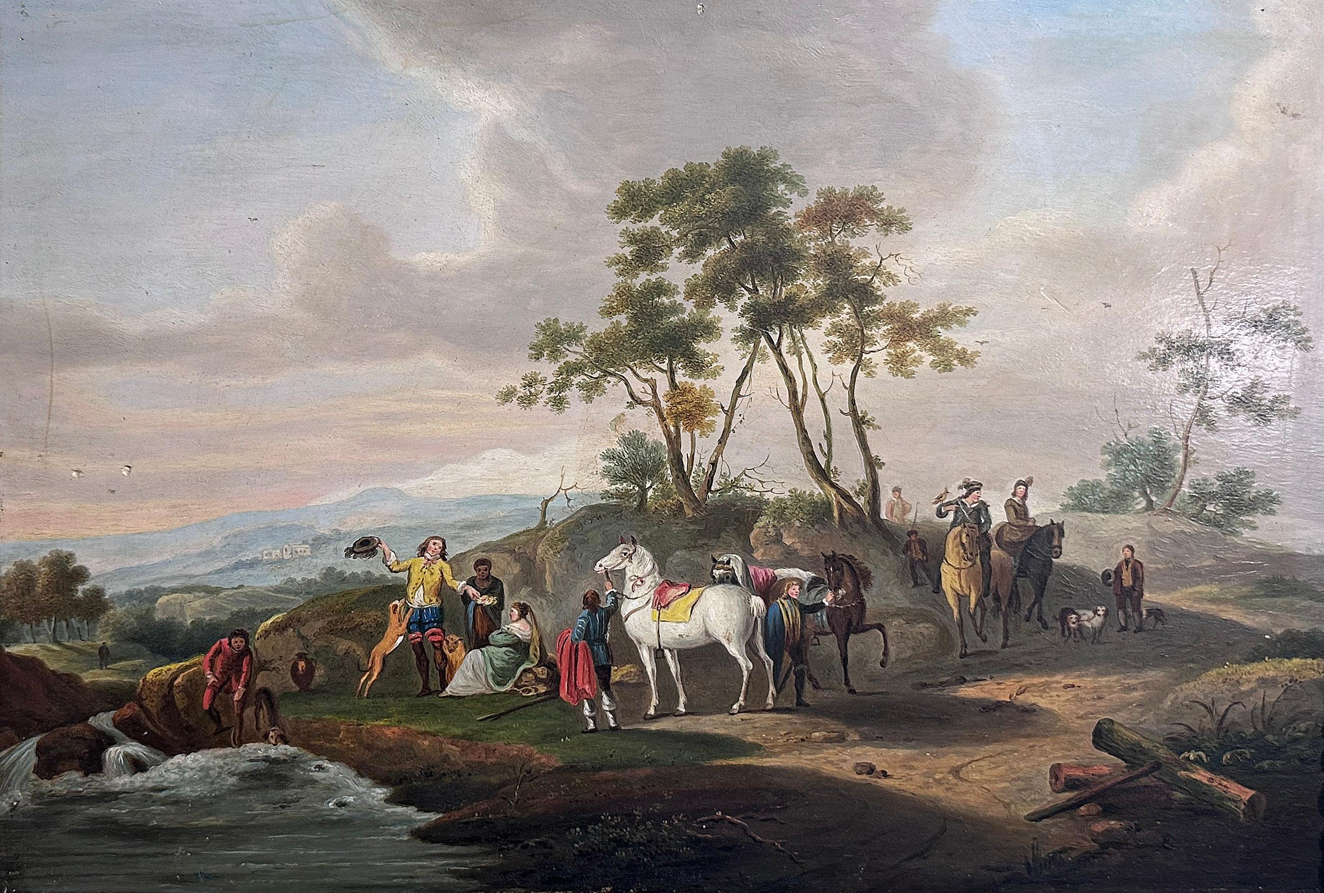 A charming oil painting on oak panel, presented in a contemporary carved and gilded wooden frame with gold leaf. The work depicts a lively country scene, with figures resting along a river. Among the figures are horsemen and hunting dogs, while a