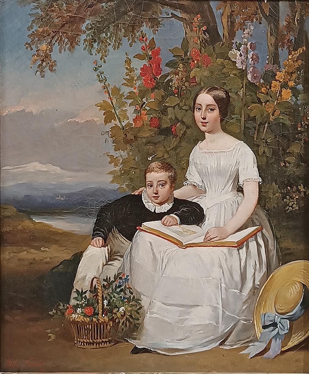 Oil painting on canvas, with a contemporary frame in carved and gilded wood with gold paste, characterized by vegetal decorations that give it elegance. The painting depicts two brothers in the center: a young girl in a white period dress, holding a