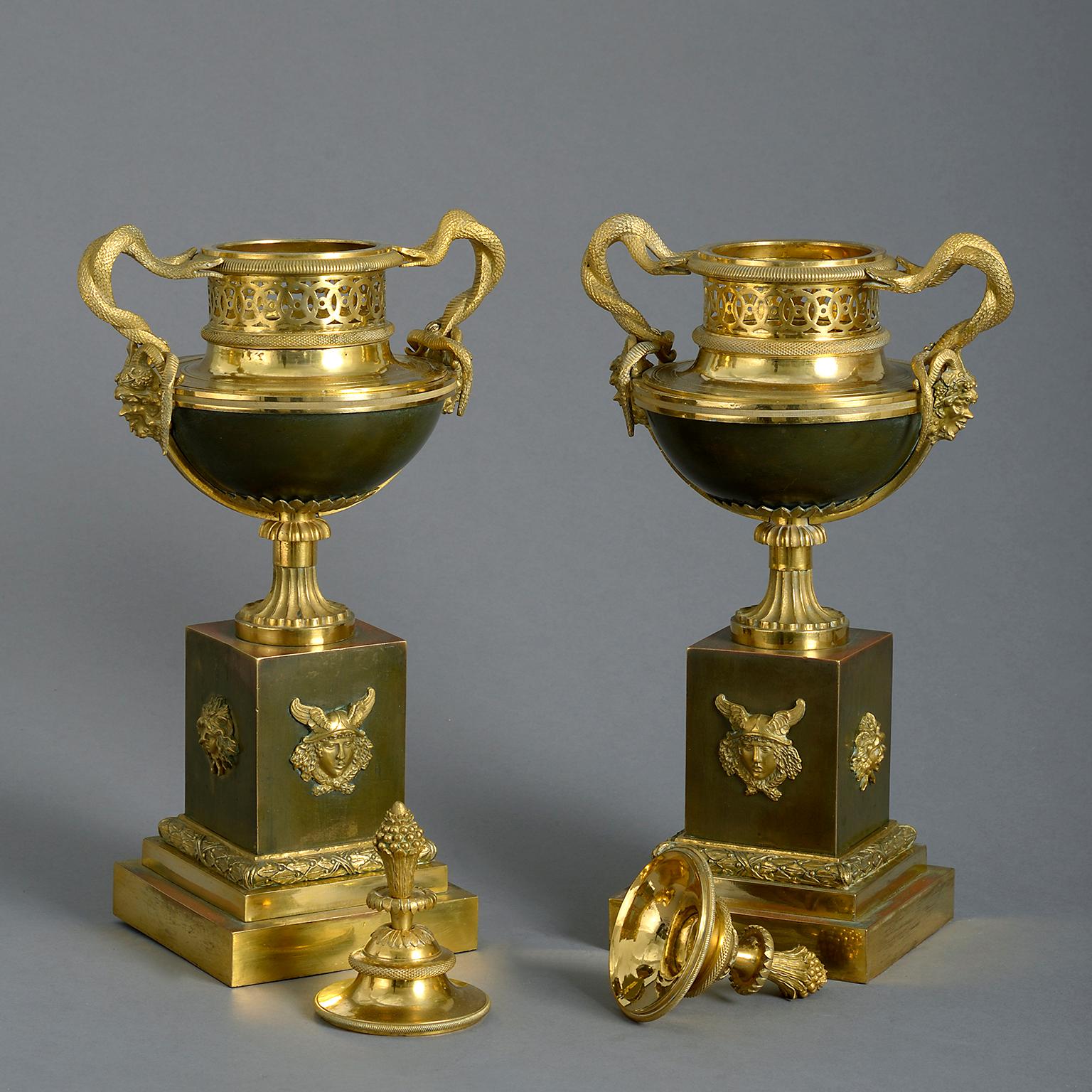 French Early 19th Century Pair of Bronze and Ormolu Perfume Burners or Pot-Pourri Vases
