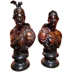 Early 19th Century Pair of Bronze Busts Brown Patina, Roman Gods, Mars & Diana
