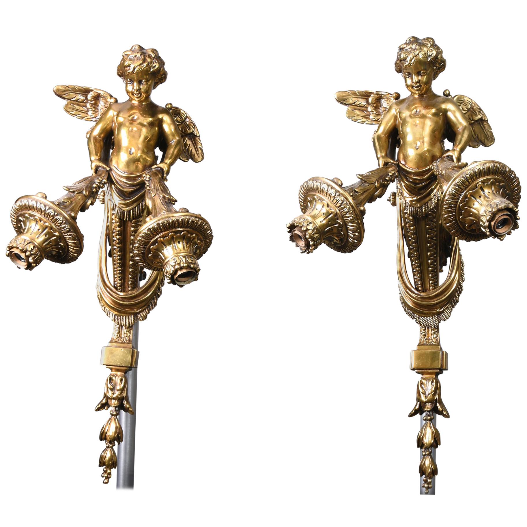 Early 19th Century Pair of Bronze Empire Revival Cherub Wall Sconces/Torcherier