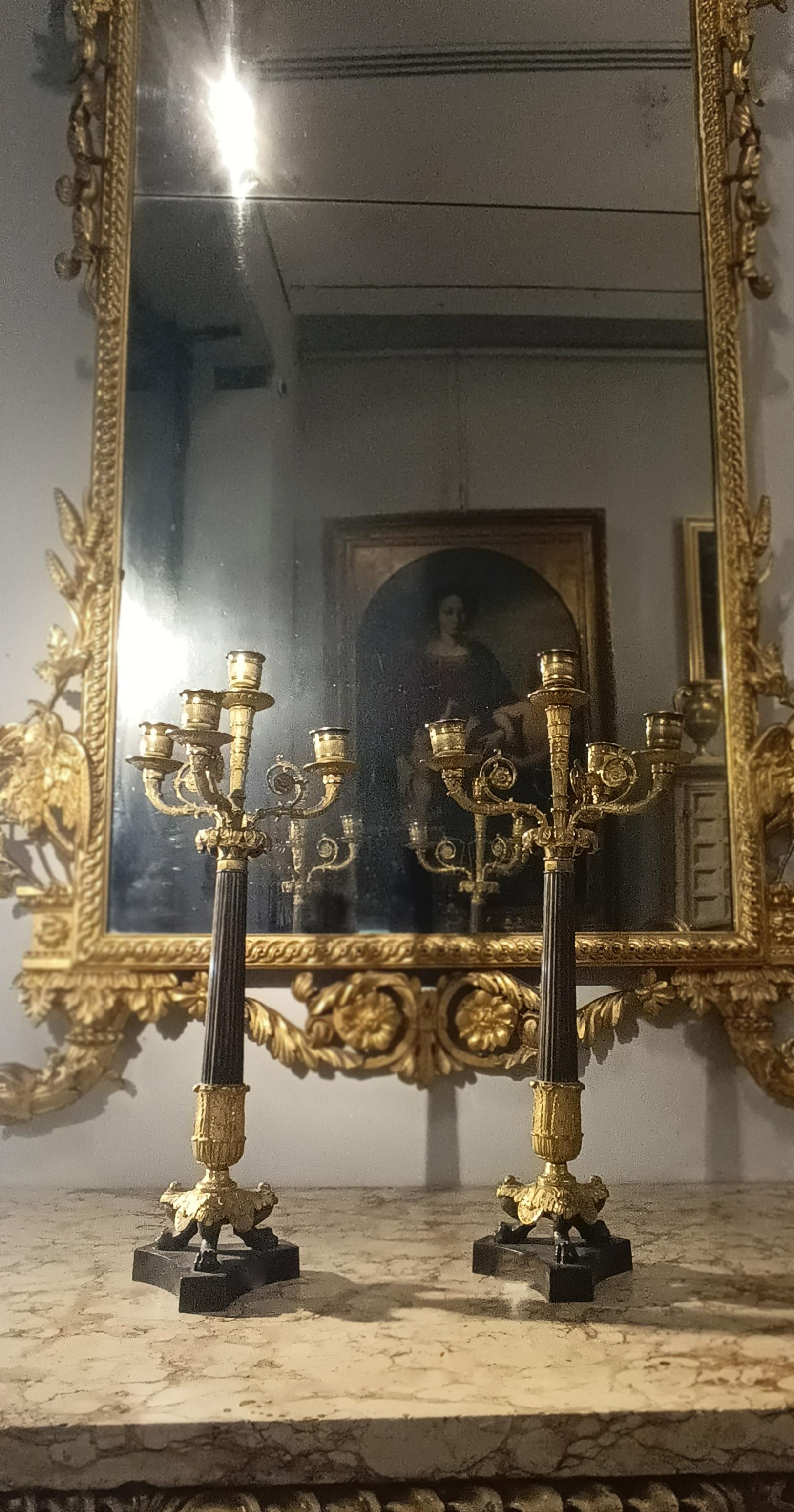 Ein Paar zierlicher Bronzeleuchter aus der Zeit Karls X. Die Leuchter zeichnen sich durch besondere Ausführungen in vergoldeter Bronze und brünierter Bronze aus. Jeder Kandelaber hat drei Arme für die Aufnahme von Kerzen und eine elegante Säule mit