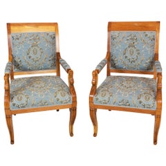 Early 19th Century Pair of Empire / Biedermeier Solid Plum Wood Swan Armchairs