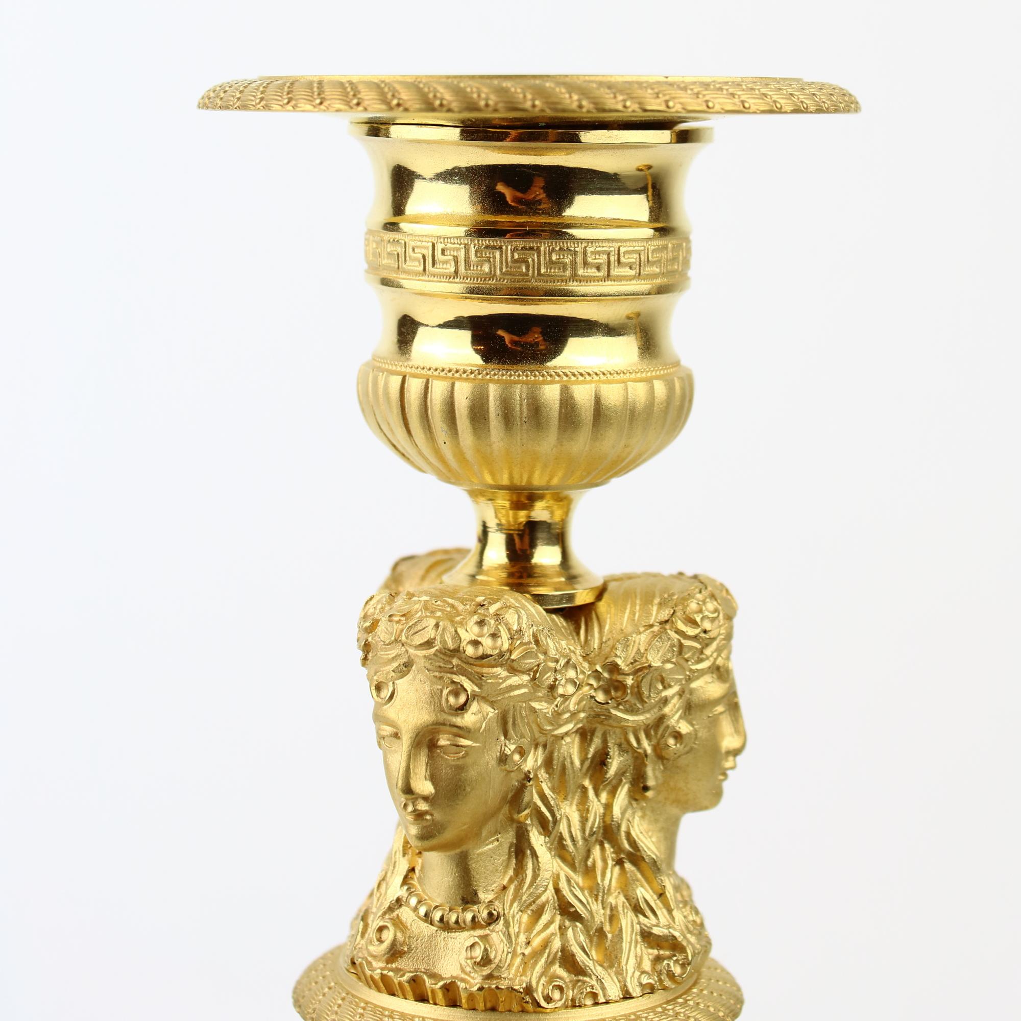 Early 19th Century Pair of Empire Gilt Bronze Female Caryatids Candlesticks For Sale 6