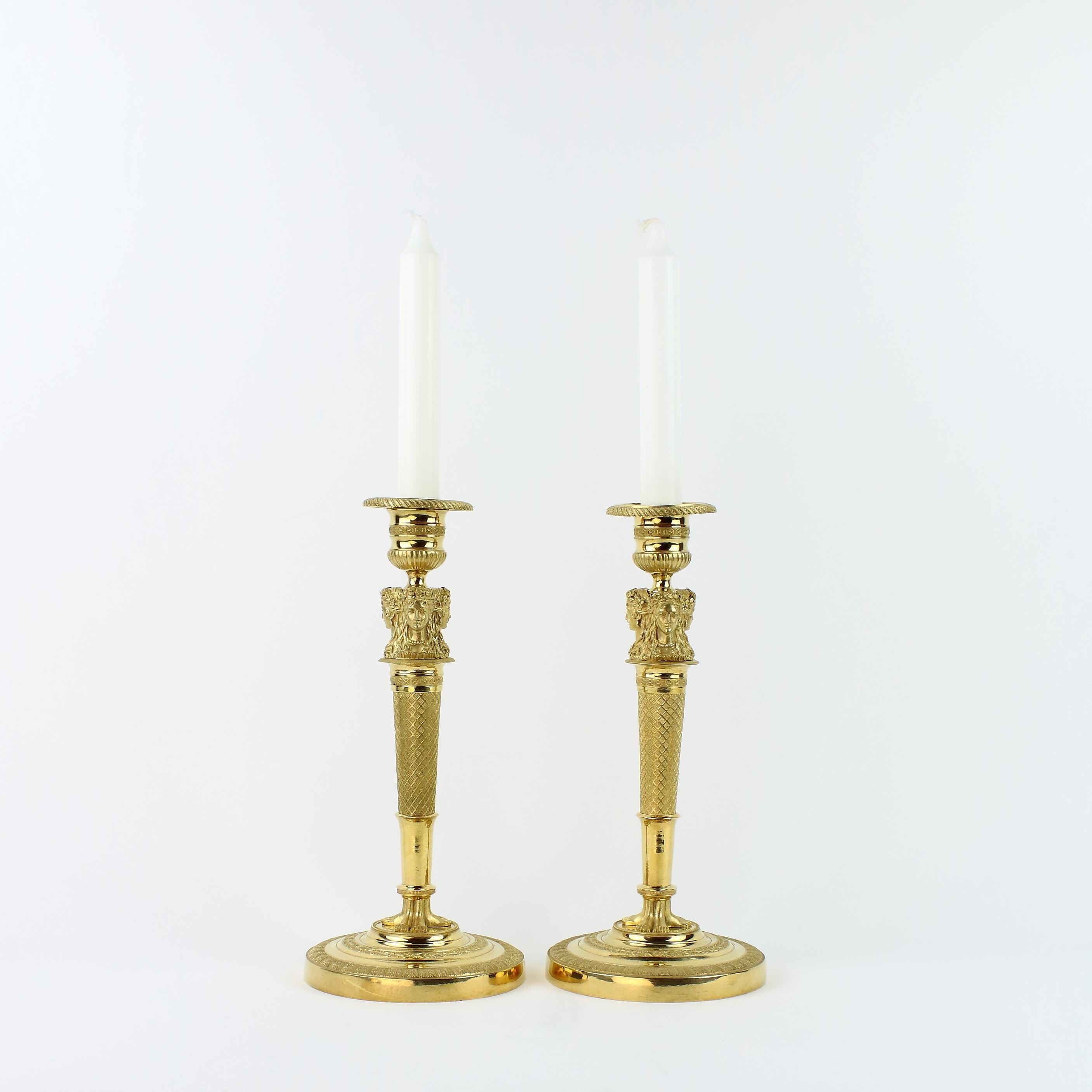 French Early 19th Century Pair of Empire Gilt Bronze Female Caryatids Candlesticks