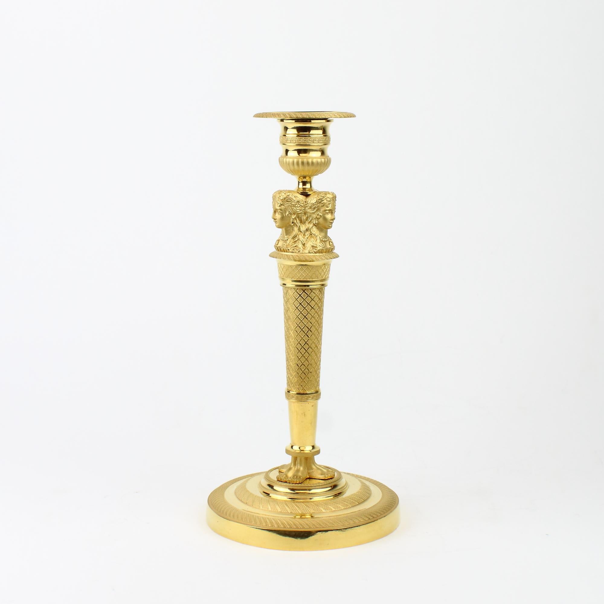Early 19th Century Pair of Empire Gilt Bronze Female Caryatids Candlesticks For Sale 1