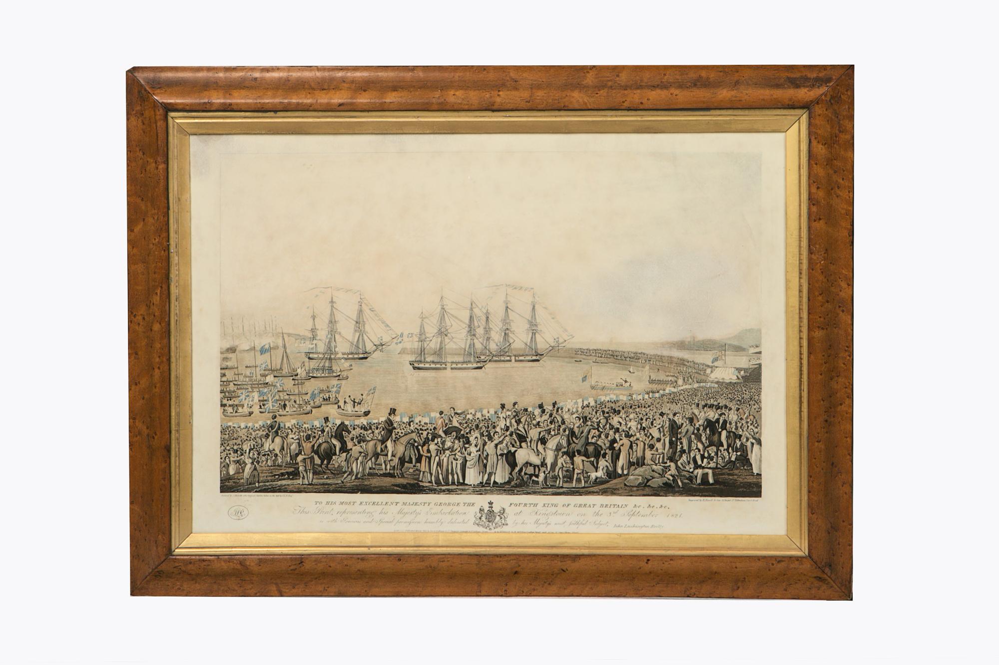 Early 19th century pair of engravings - 'George IV visiting Dublin'

After Joseph Haverty RHA (1794-1864) 'The Triumphant Entry of George IV into Dublin'. 'His Majesty's Arrival', 'His Majesty's Embarkation'. A pair of coloured aquatints by Robert