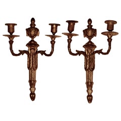 Antique Early 19th Century Pair of French Brass Twin Wall Sconces