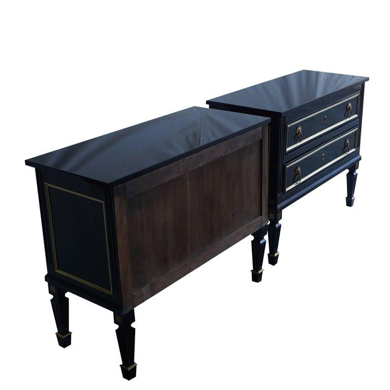 Neoclassical 19th Century Pair of French Ebonized Wood Chests, Antique Black Brass Commodes