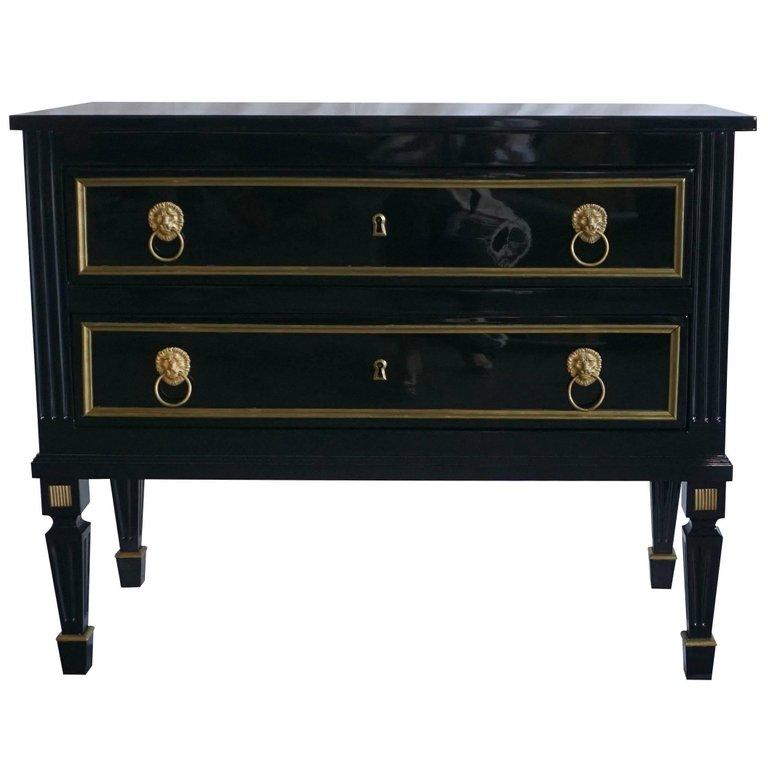 19th Century Pair of French Ebonized Wood Chests, Antique Black Brass Commodes In Good Condition In West Palm Beach, FL