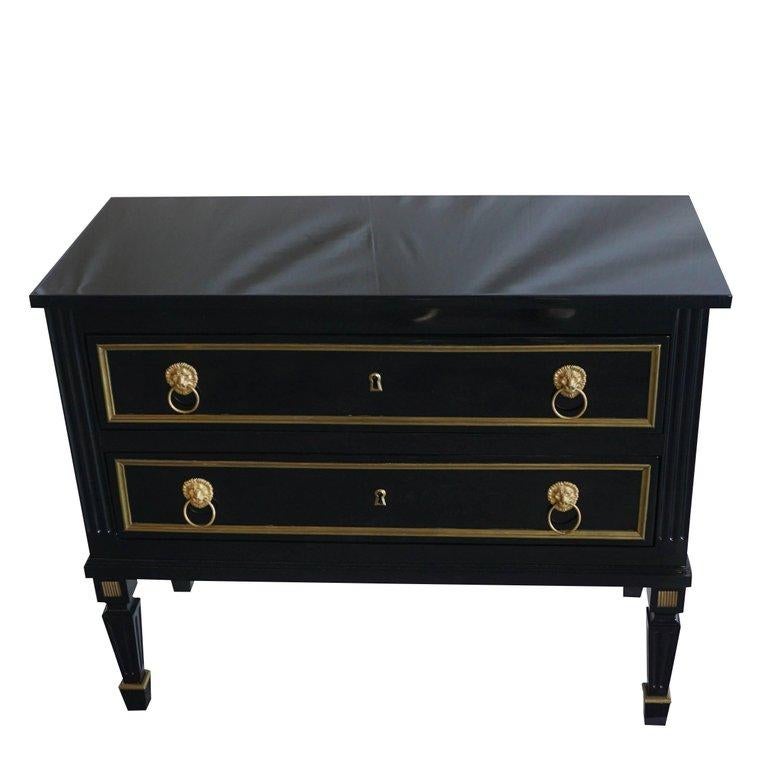 19th Century Pair of French Ebonized Wood Chests, Antique Black Brass Commodes 1