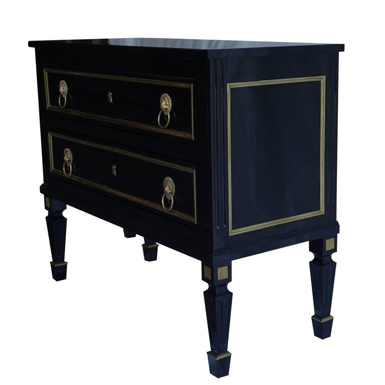 19th Century Pair of French Ebonized Wood Chests, Antique Black Brass Commodes 2