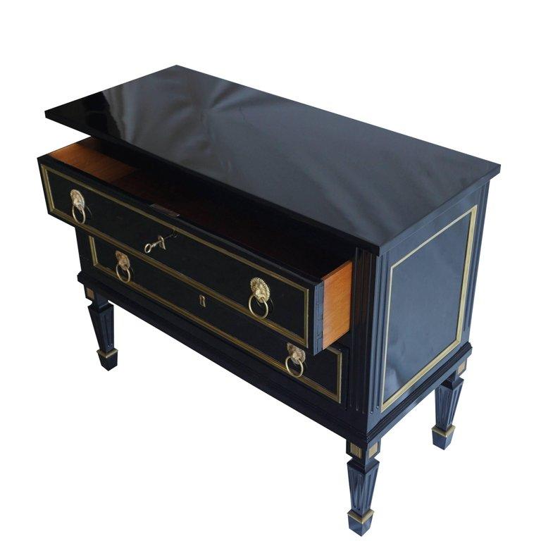 19th Century Pair of French Ebonized Wood Chests, Antique Black Brass Commodes 3
