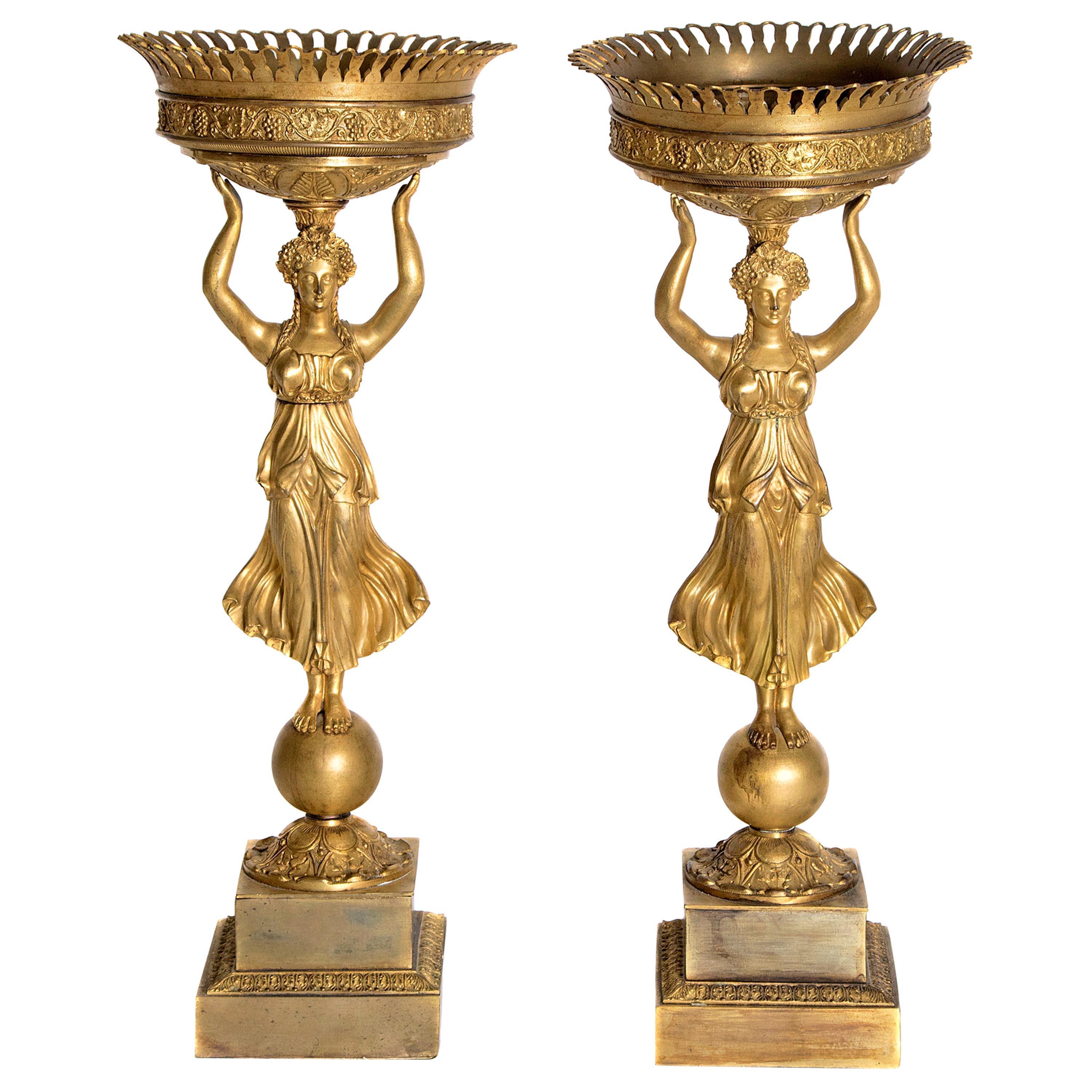 Early 19th Century Pair of French Empire Gilt Bronze Centerpiece Tazzzas