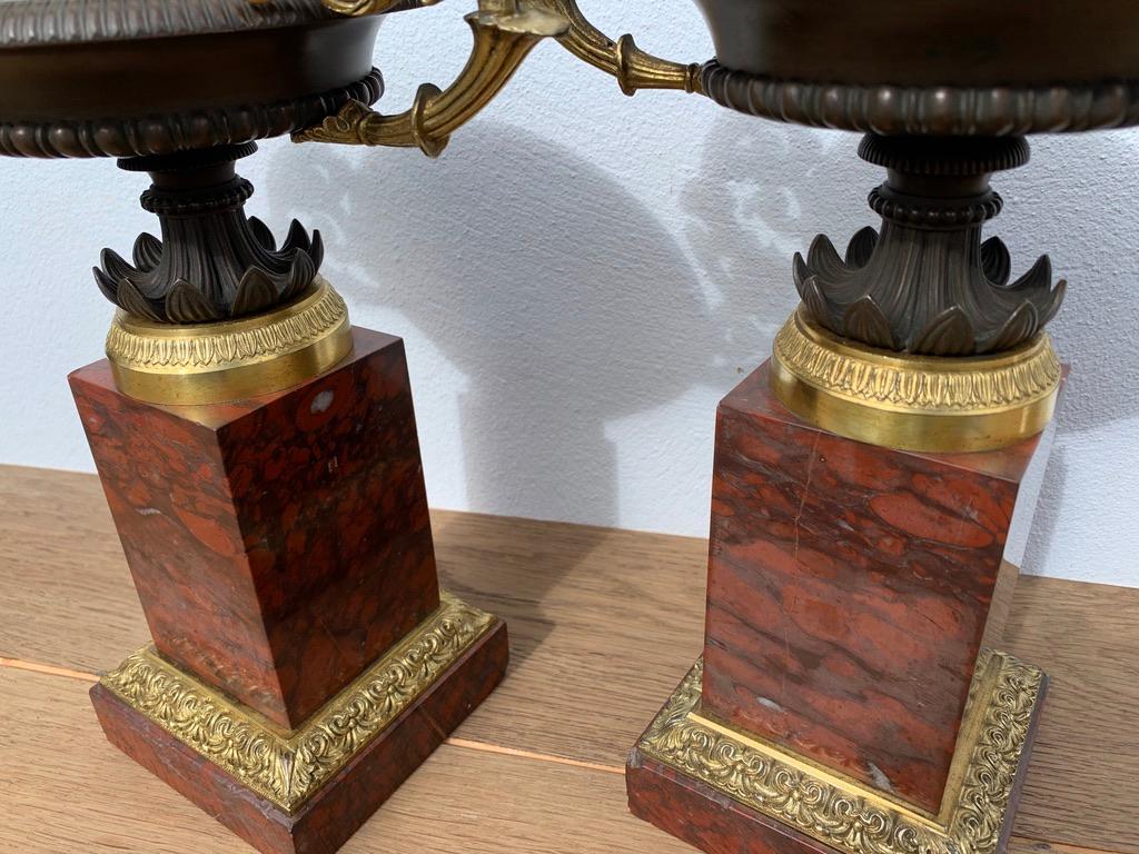 Early 19th Century Pair of French Gilt Bronze Tazzas on Rouge Marble Pedestals 7