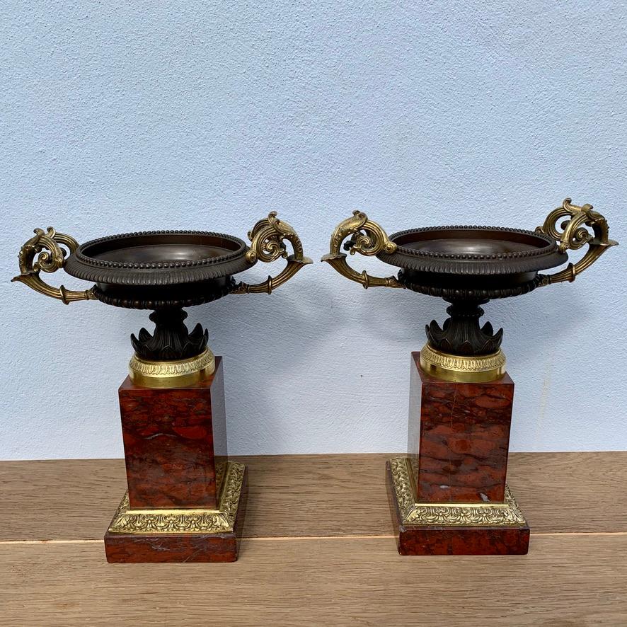 Early 19th Century Pair of French Gilt Bronze Tazzas on Rouge Marble Pedestals 9