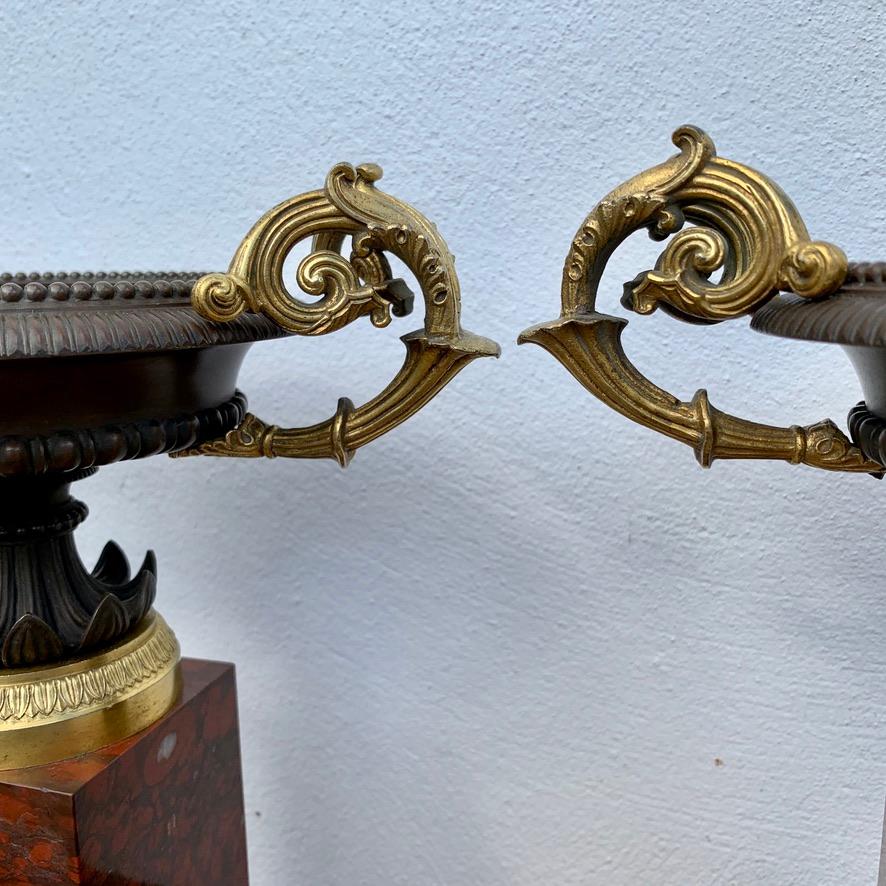 Early 19th Century Pair of French Gilt Bronze Tazzas on Rouge Marble Pedestals In Good Condition In Uppingham, Rutland