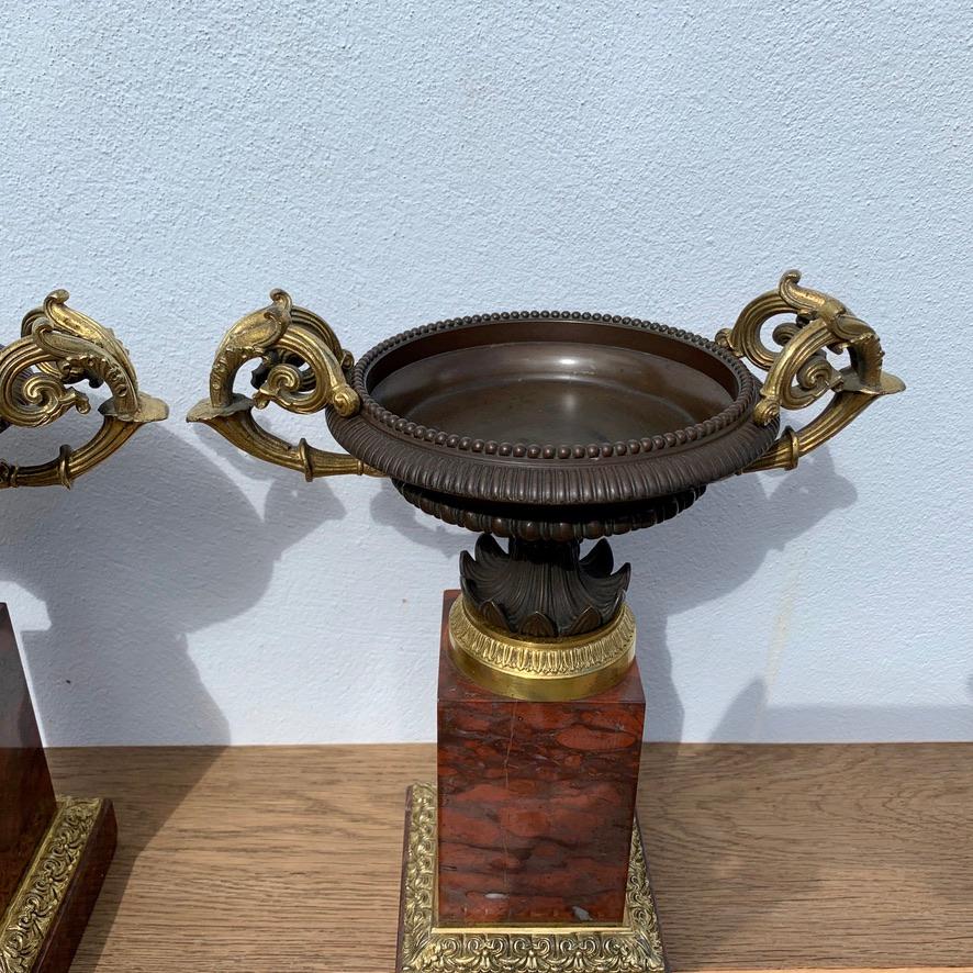 Mid-19th Century Early 19th Century Pair of French Gilt Bronze Tazzas on Rouge Marble Pedestals