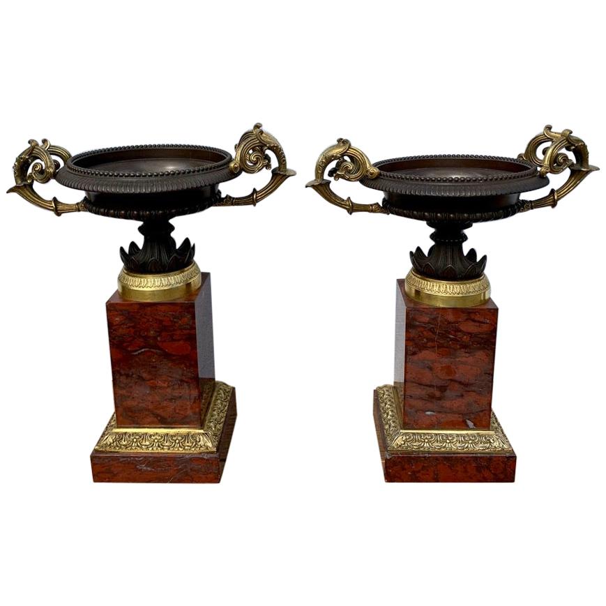 Early 19th Century Pair of French Gilt Bronze Tazzas on Rouge Marble Pedestals
