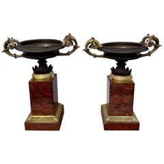 Early 19th Century Pair of French Gilt Bronze Tazzas on Rouge Marble Pedestals