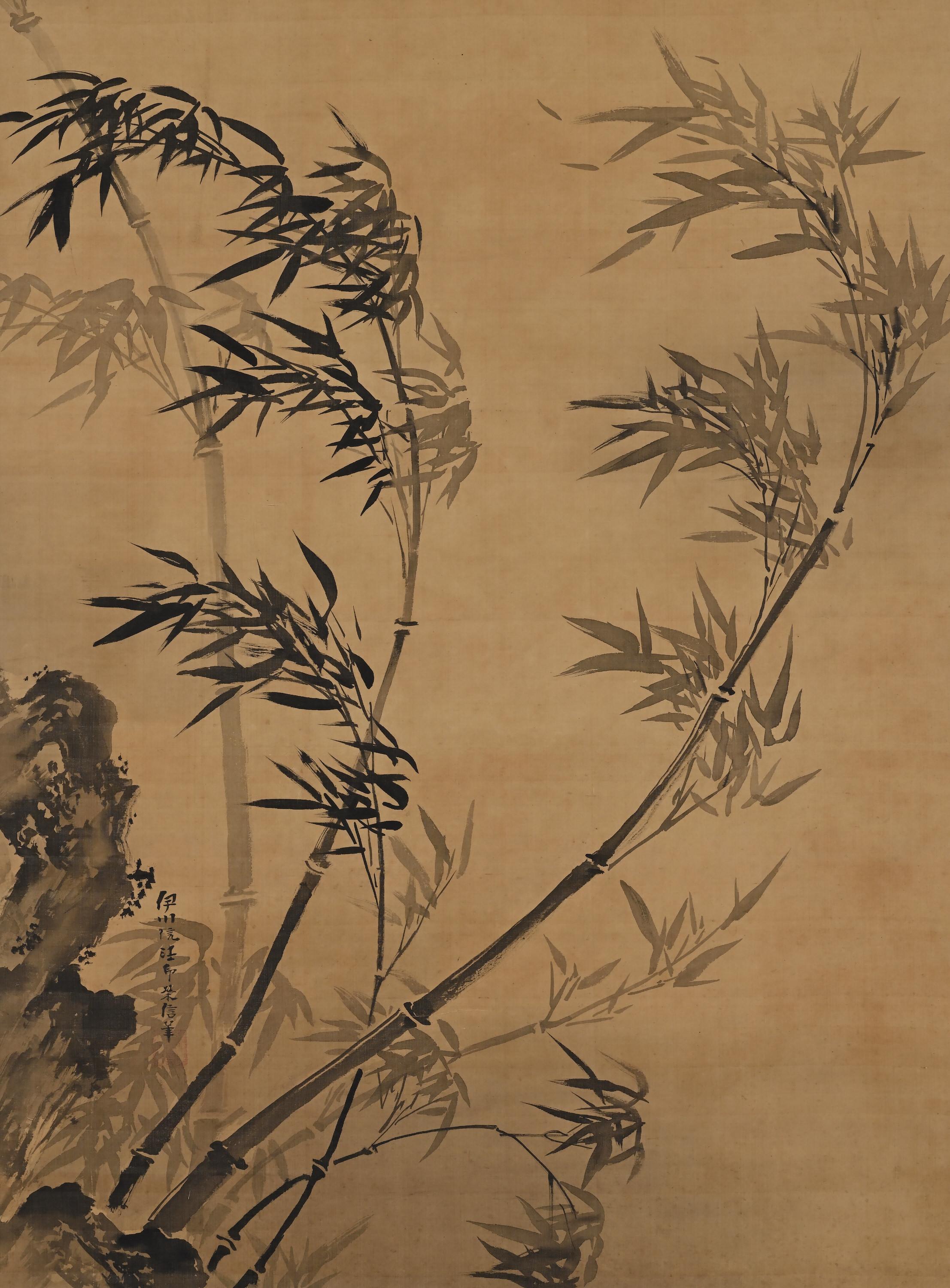 A pair of Japanese sumi ink paintings by the Kano Isen’in Naganobu, a master of the early modern Kano school. Rich in atmosphere and mood Isen’in has depicted a blossoming plum paired with bamboo swaying in the wind. The elegant and expressive