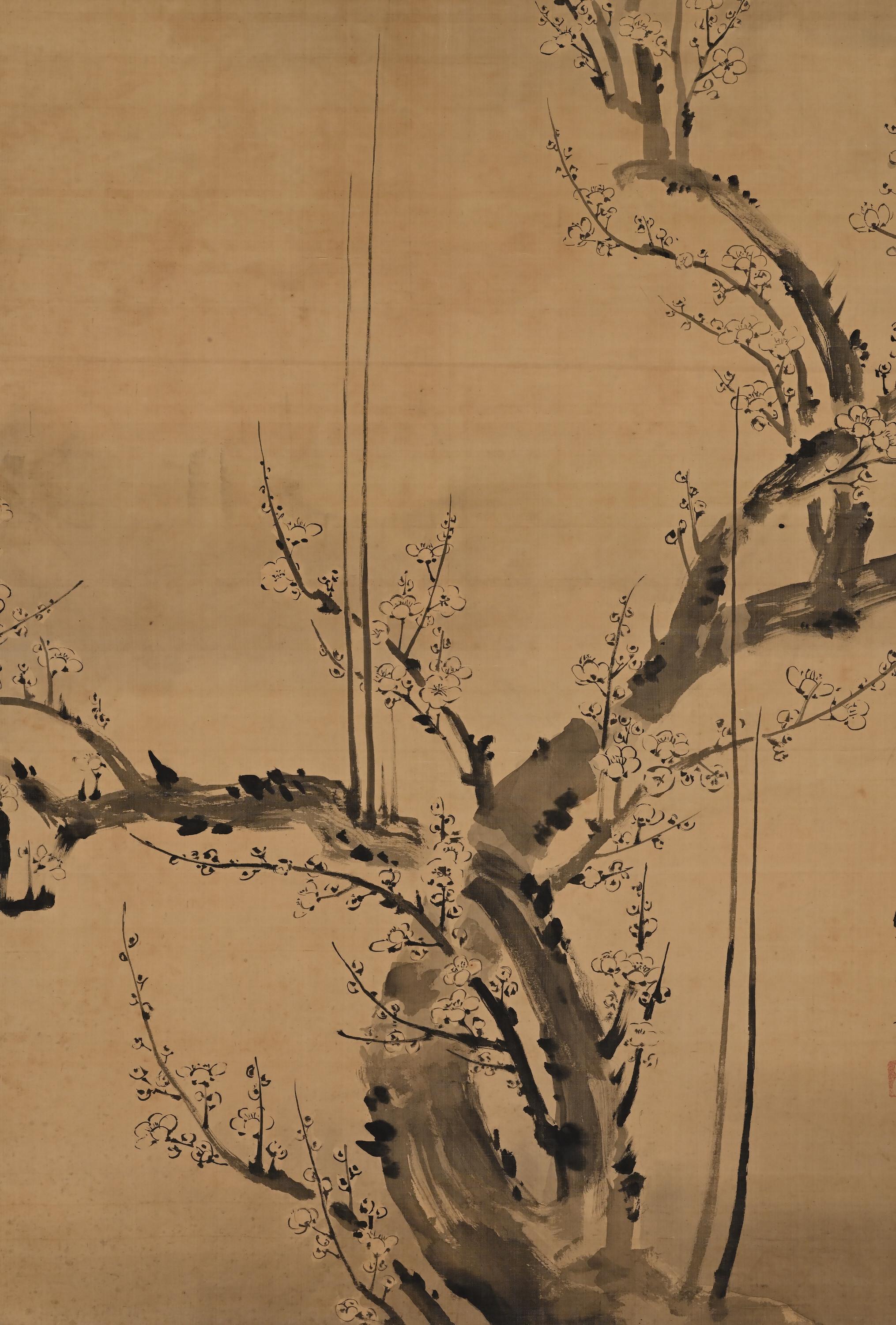 Hand-Painted Early 19th Century Pair of Japanese Ink Paintings. Plum & Bamboo by Kano Isenin.