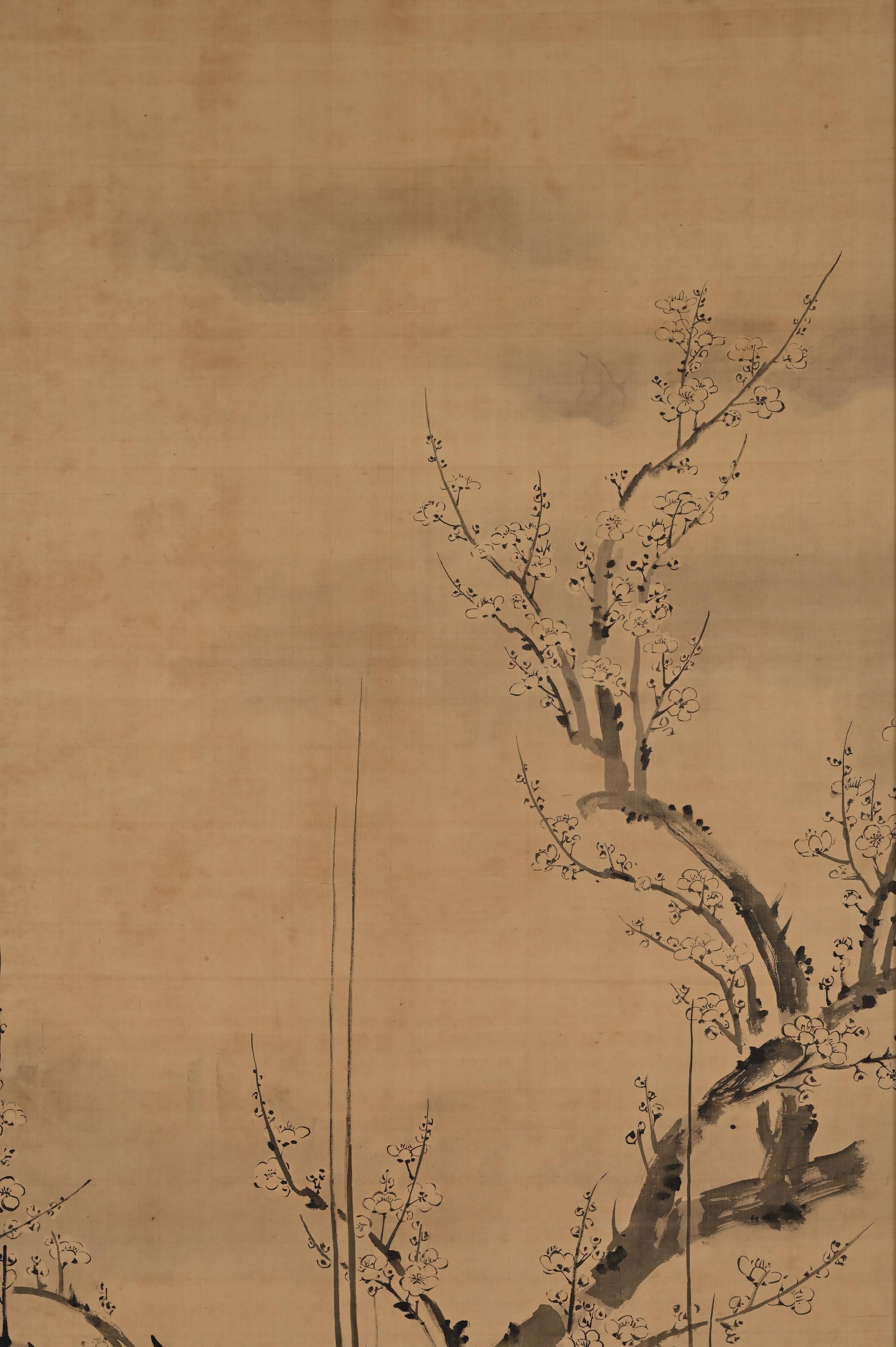 Early 19th Century Pair of Japanese Ink Paintings. Plum & Bamboo by Kano Isenin. In Good Condition In Kyoto, JP