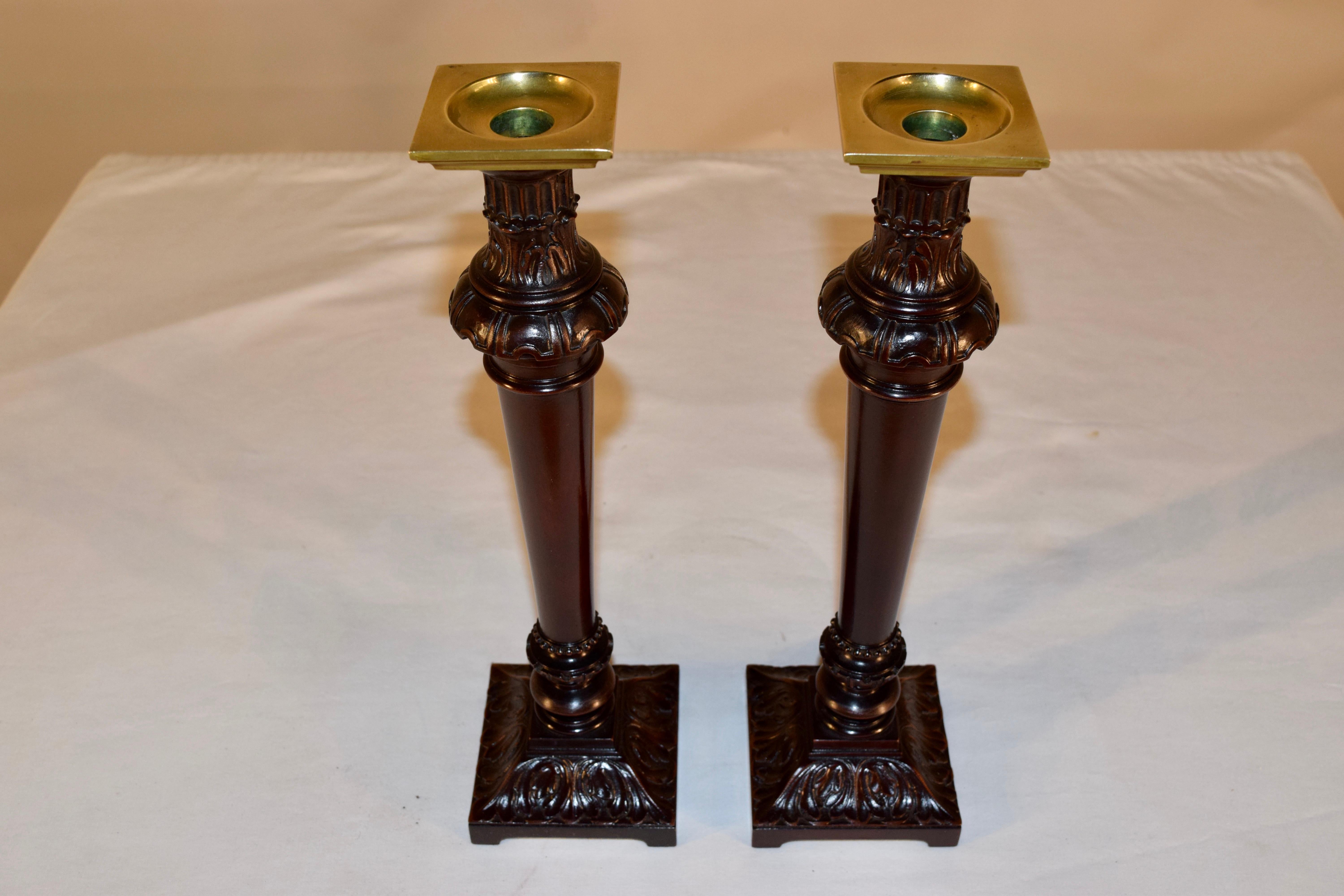 Brass Early 19th Century Pair of Mahogany Candlesticks For Sale