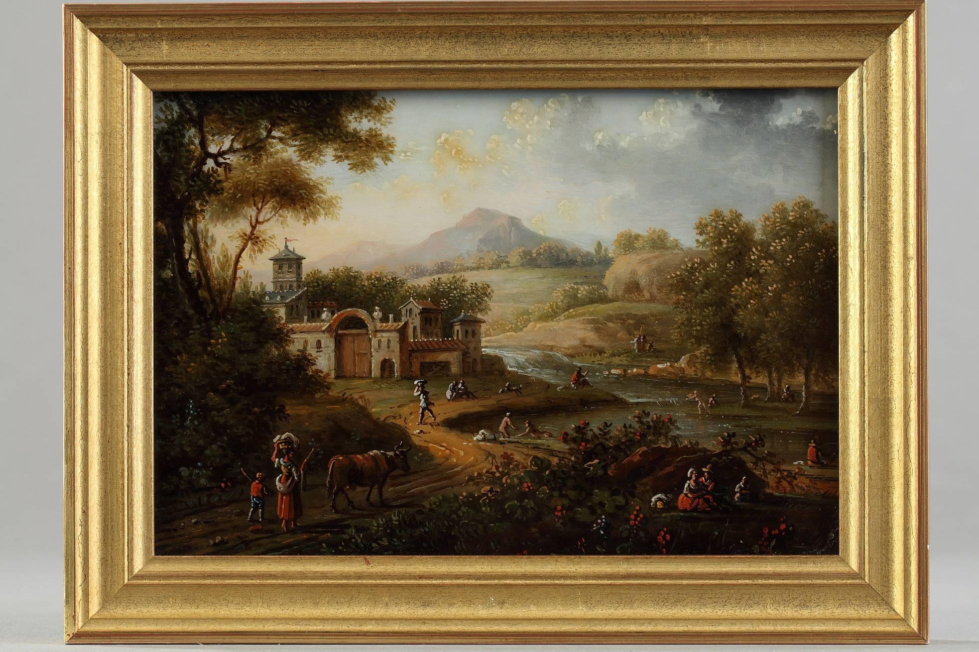 Pair of reverse glass paintings in gouache depicting two landscapes. One of them features a castle and a bath scene, the other one animals and various characters. The drawing is extremely precise. Giltwood frames. A landscape is signed