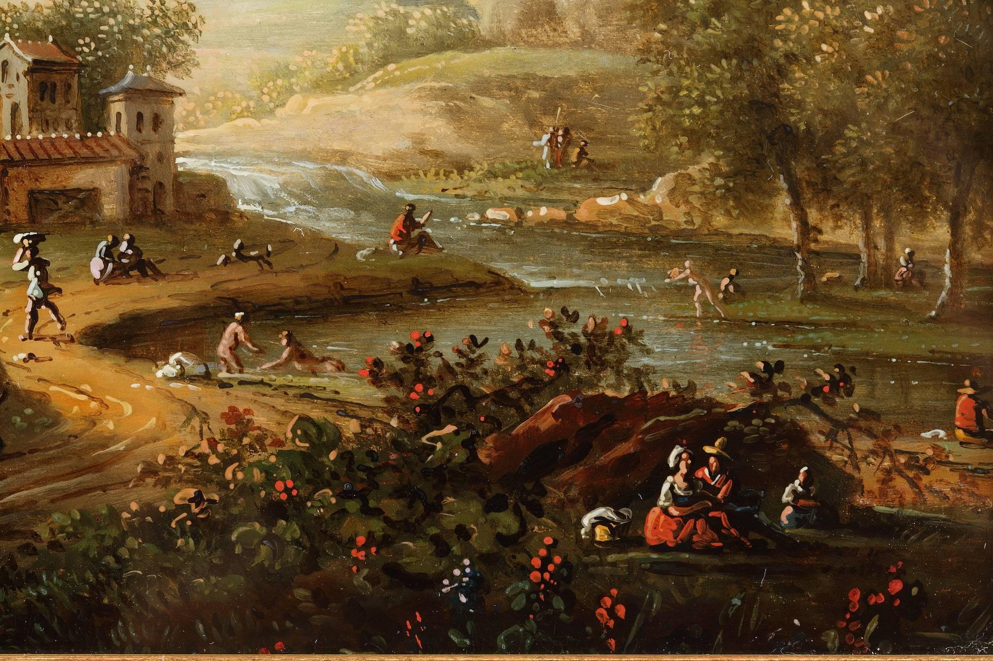 Bois doré Paire de peintures en verre inversé du début du XIXe siècle par Lebelle en vente