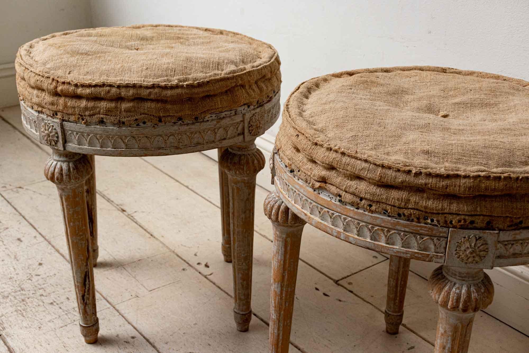 Hand-Painted Early 19th Century Pair of Round Swedish Gustavian Period Four Legged Stools