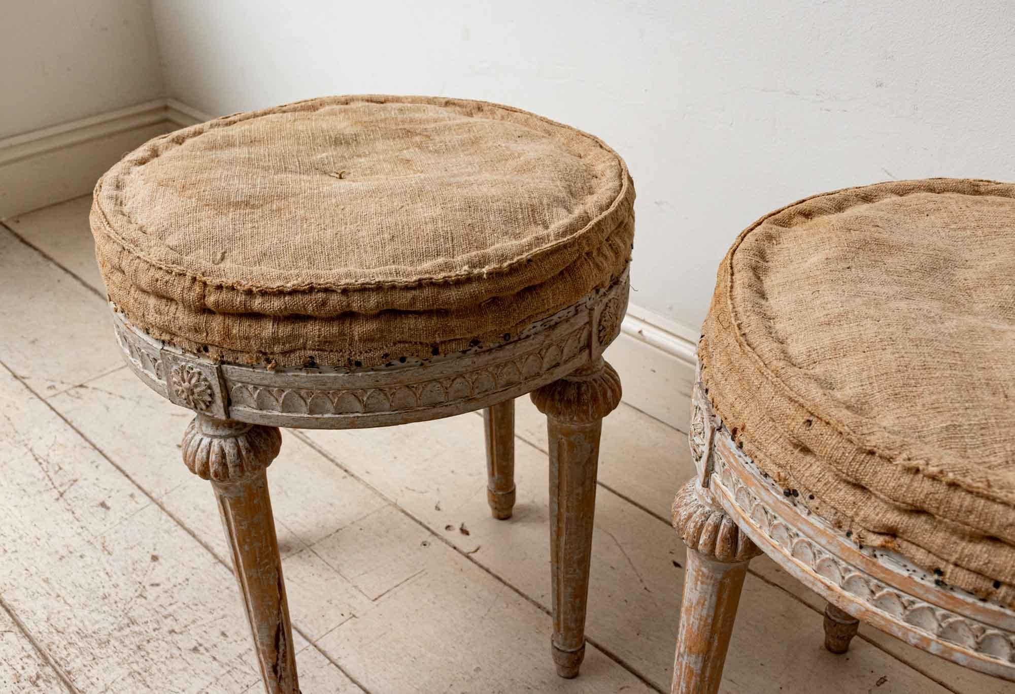 Wood Early 19th Century Pair of Round Swedish Gustavian Period Four Legged Stools