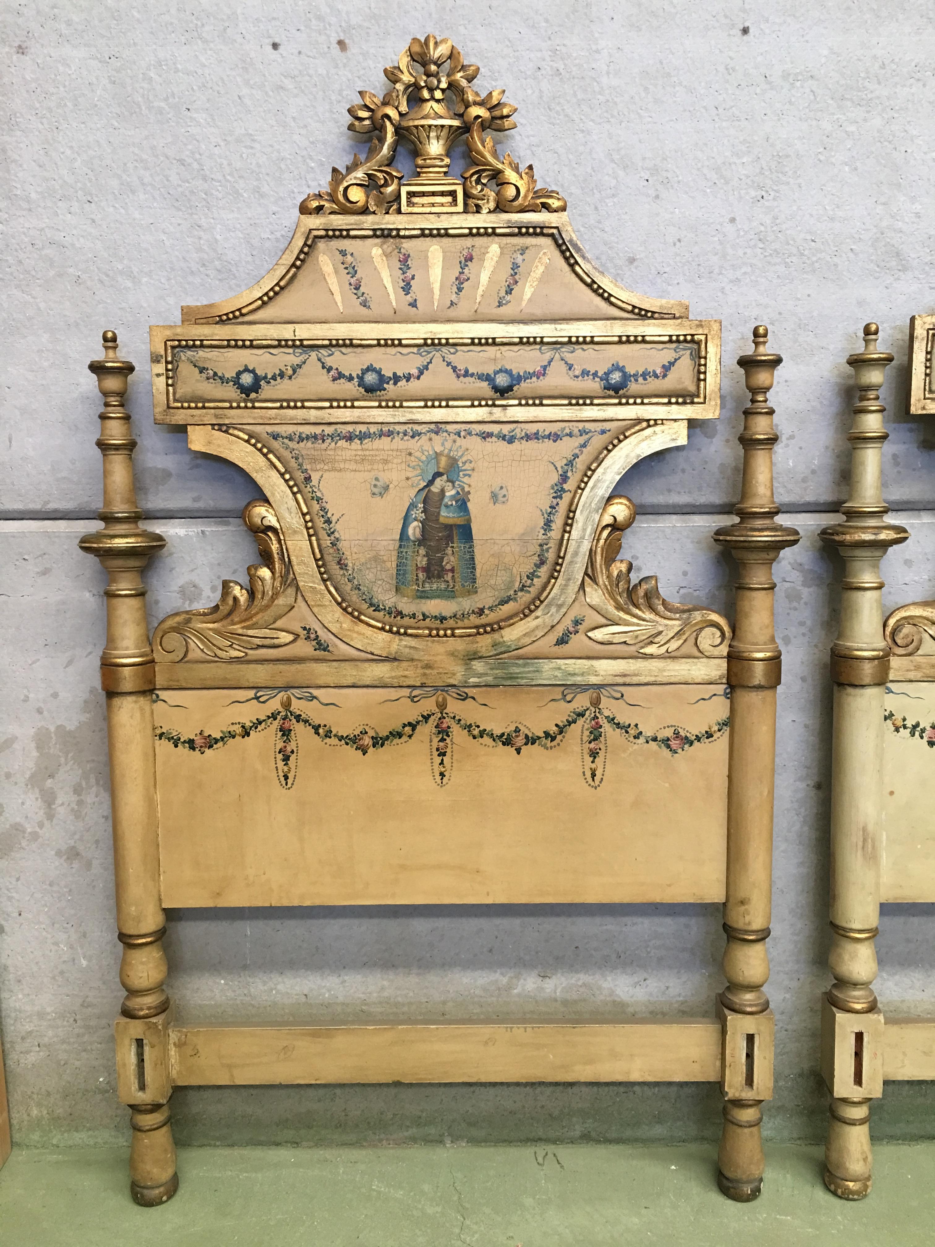 Early 19th century pair of Venetian polychromed headboards featured Madonna & Child.