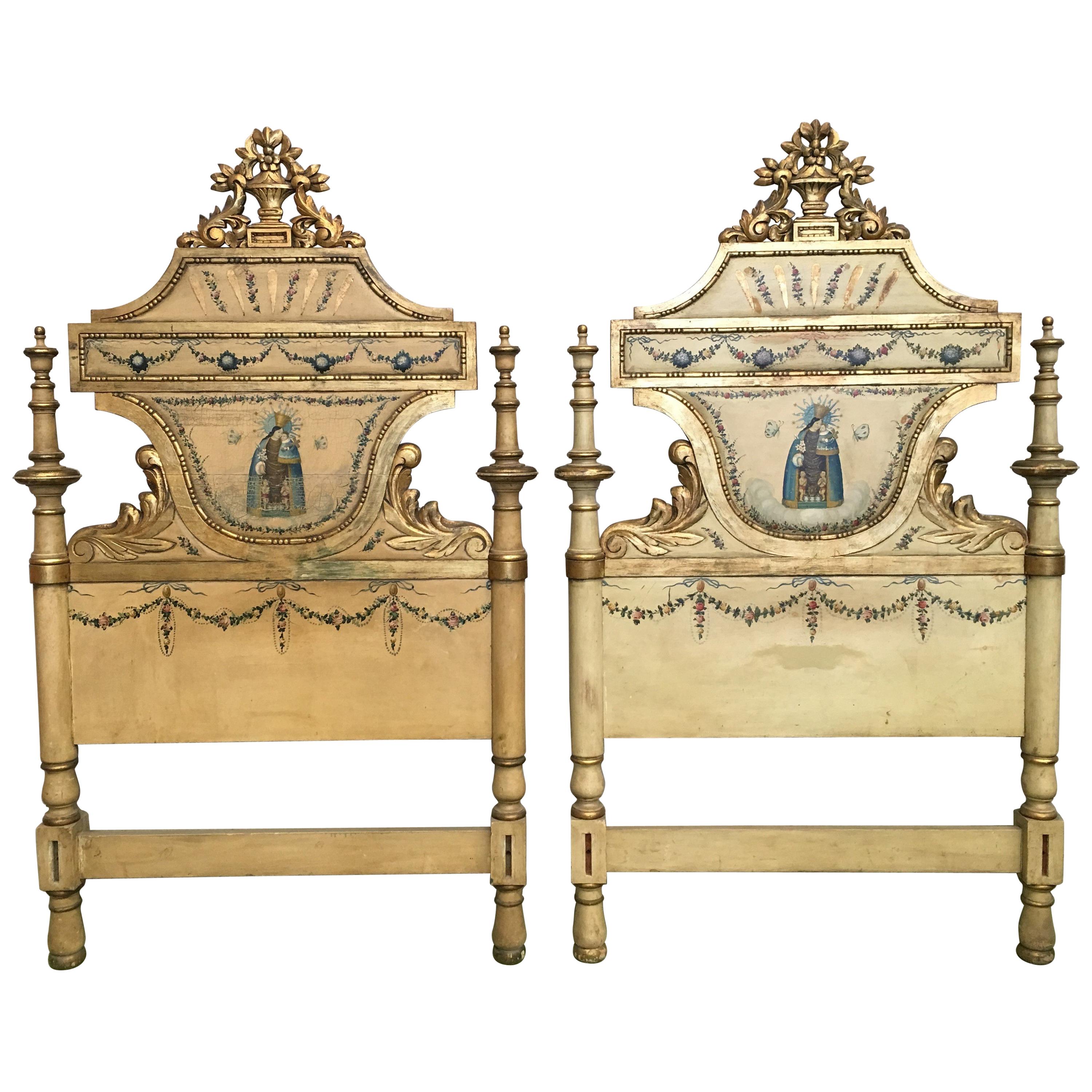 Early 19th Century Pair of Venetian Polychromed Headboards Featured Madonna