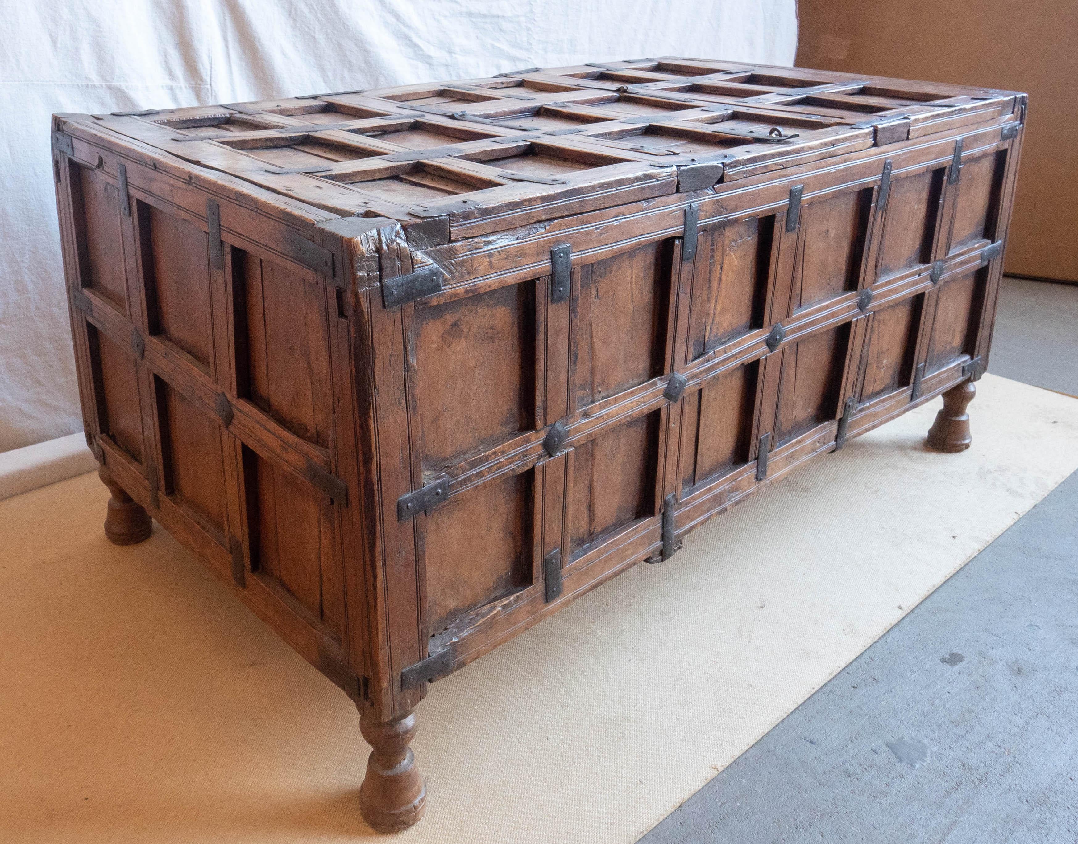 European Early 19th Century Paneled Fruitwood Coffer/Trunk with Iron Accents For Sale